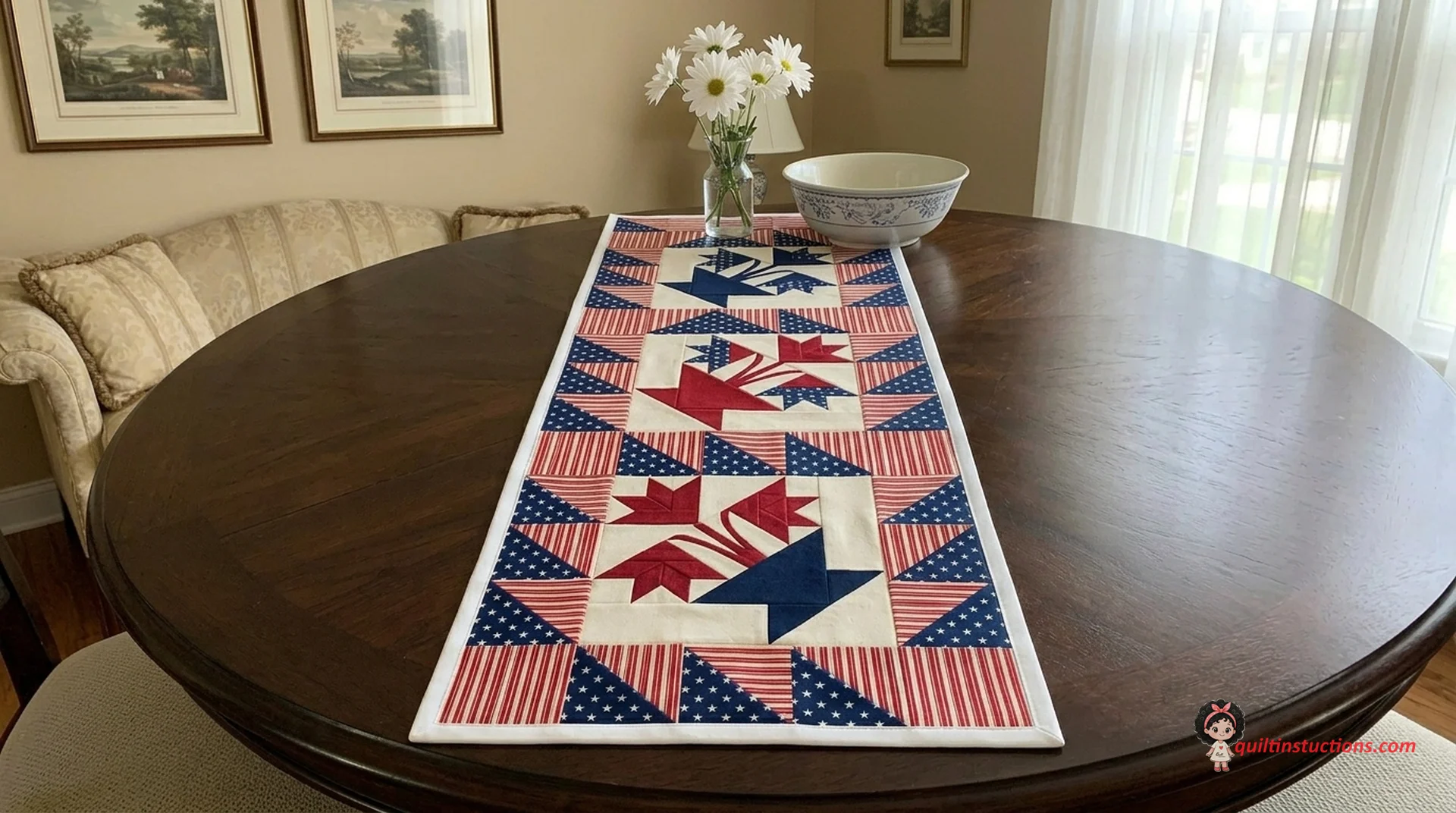 Baskets Table Runner: Free Pattern for Patriotic Decor Classic Baskets Table Runner with floral fabrics