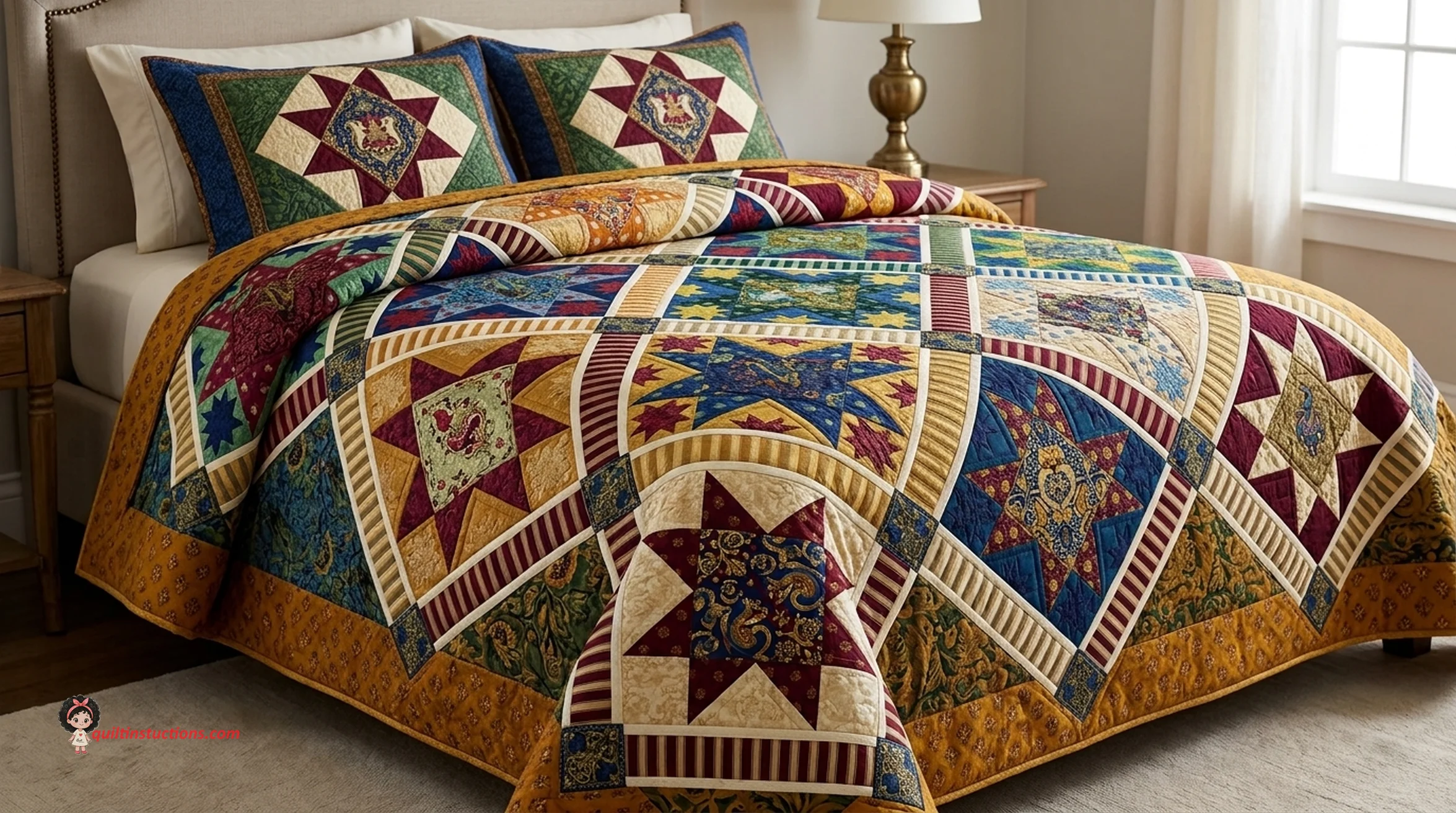 Finished Center Stage Quilt with intricate quilting and bold colors Finished Center Stage Quilt with intricate quilting and bold colors