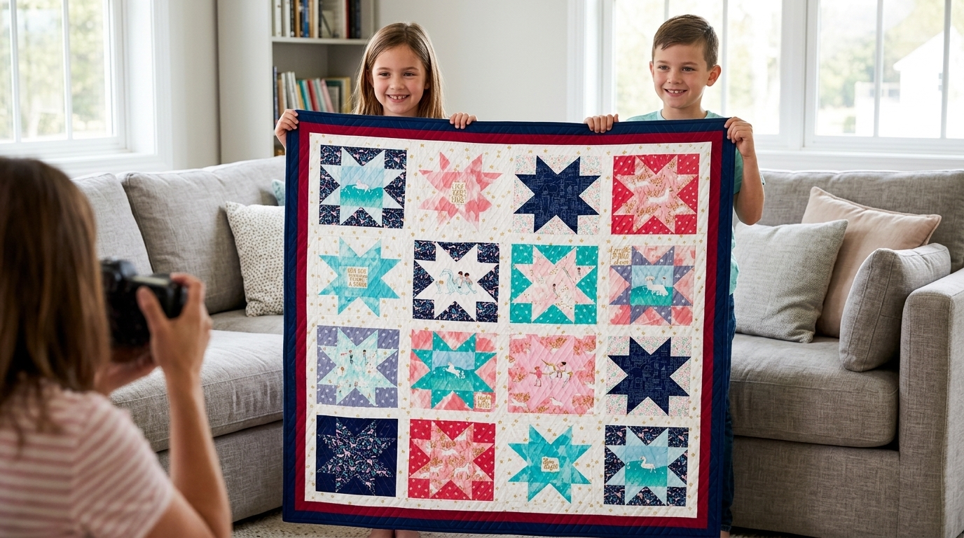 Magic Stars Quilt in a soft blue and white palette The original colorful Magic Stars Quilt by Sarah Jane
