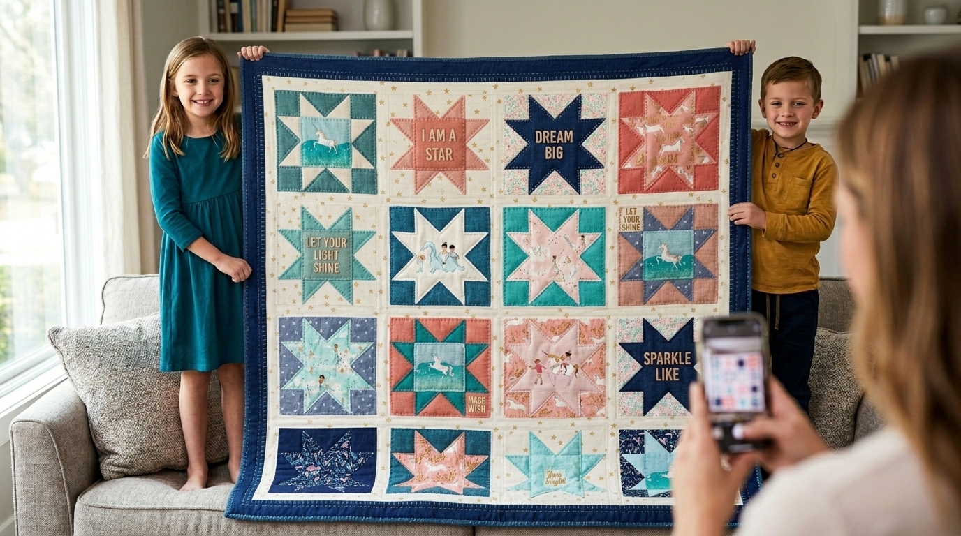 Magic Stars Quilt in a soft blue and white palette Magic Stars Quilt with AI-modified earth tones