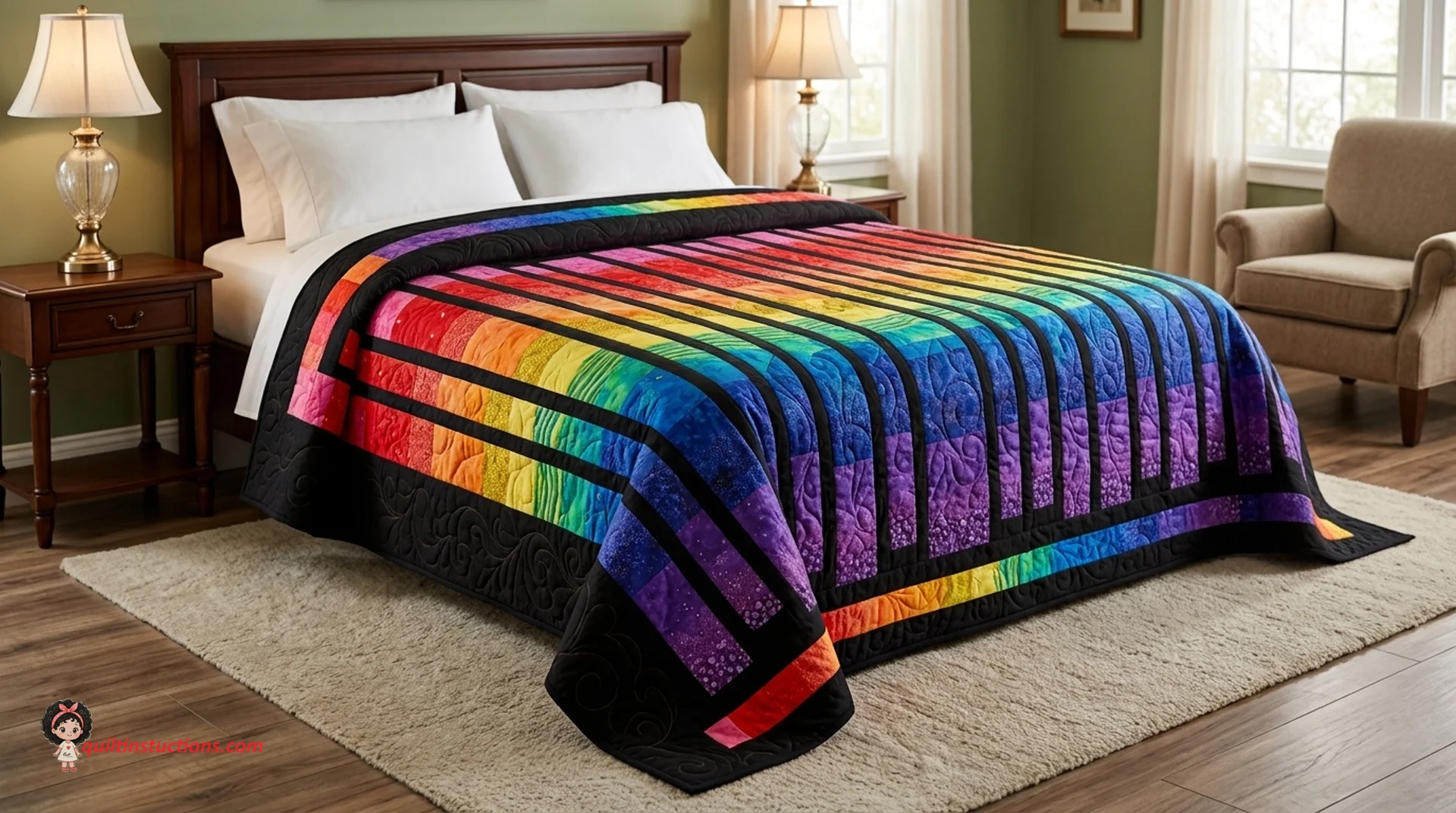 Full view of Stripped Ease Quilt on a bed Full view of Stripped Ease Quilt on a bed