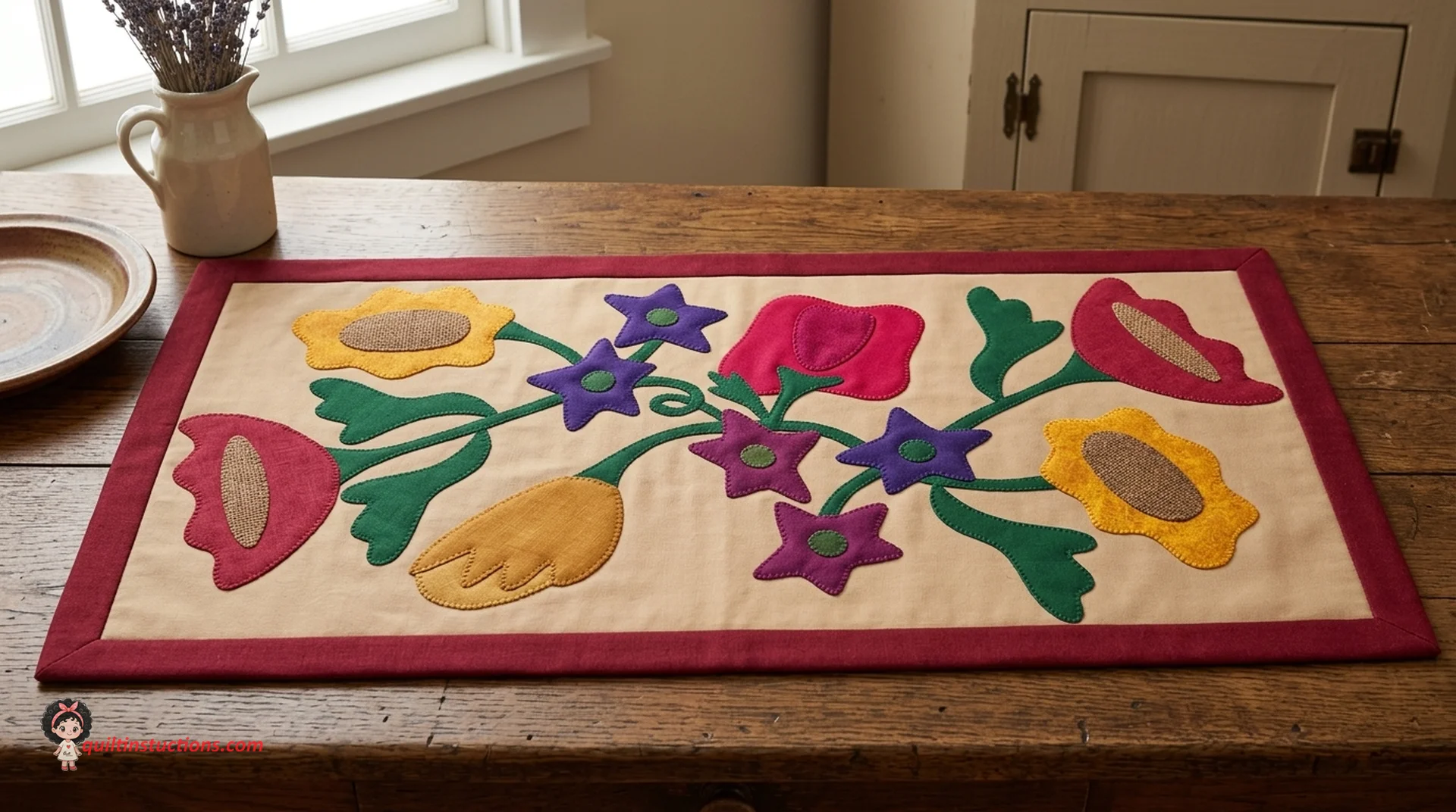 Fall Bouquet Quilt: Create a stunning 30-1/2 inch wall hanging with Janet Nesbitt's primitive appliqué pattern. Perfect for autumn home decor. Fall Bouquet Quilt: Create a stunning 30-1/2 inch wall hanging with Janet Nesbitt's primitive appliqué pattern. Perfect for autumn home decor.