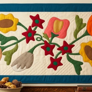 Fall Bouquet quilt 4 Fall Bouquet Quilt: Create a stunning 30-1/2 inch wall hanging with Janet Nesbitt's primitive appliqué pattern. Perfect for autumn home decor.