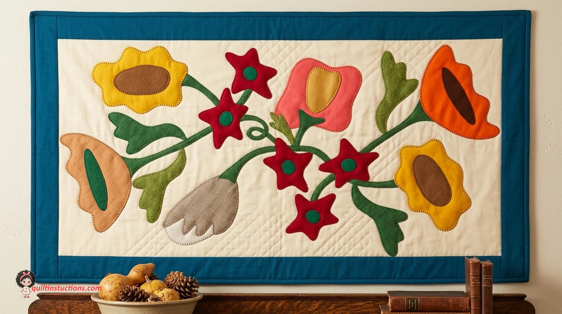 Fall Bouquet Quilt: Create a stunning 30-1/2 inch wall hanging with Janet Nesbitt's primitive appliqué pattern. Perfect for autumn home decor.