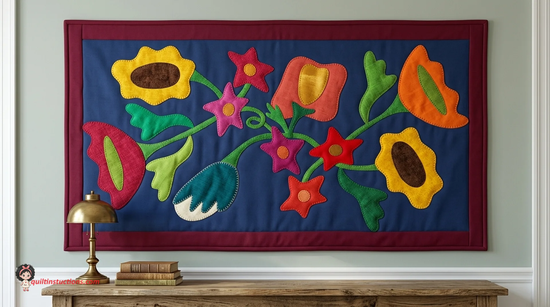 Fall Bouquet Quilt: Create a stunning 30-1/2 inch wall hanging with Janet Nesbitt's primitive appliqué pattern. Perfect for autumn home decor. Fall Bouquet Quilt: Create a stunning 30-1/2 inch wall hanging with Janet Nesbitt's primitive appliqué pattern. Perfect for autumn home decor.