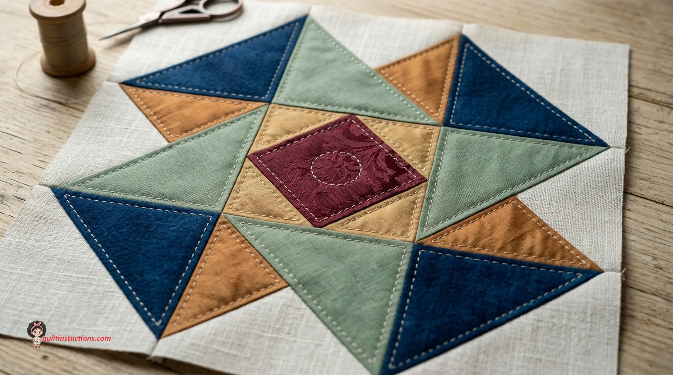 Close up of an Air Castle Quilt Block with blue and white fabrics Close up of an Air Castle Quilt Block with blue and white fabrics