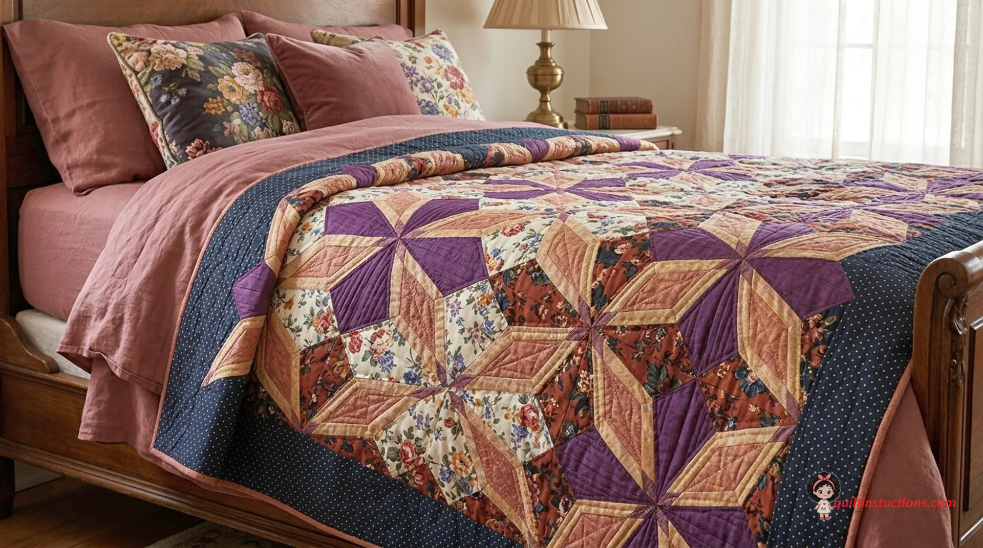 Full view of the Bedford Springs Quilt featuring blue and coral star blocks Full view of the Bedford Springs Quilt featuring blue and coral star blocks