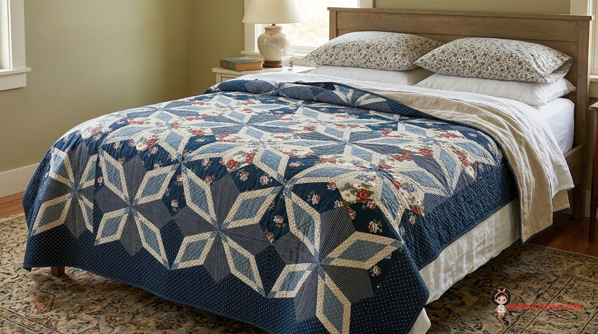 Detailed view of the quilt borders and floral fabric patterns Detailed view of the quilt borders and floral fabric patterns