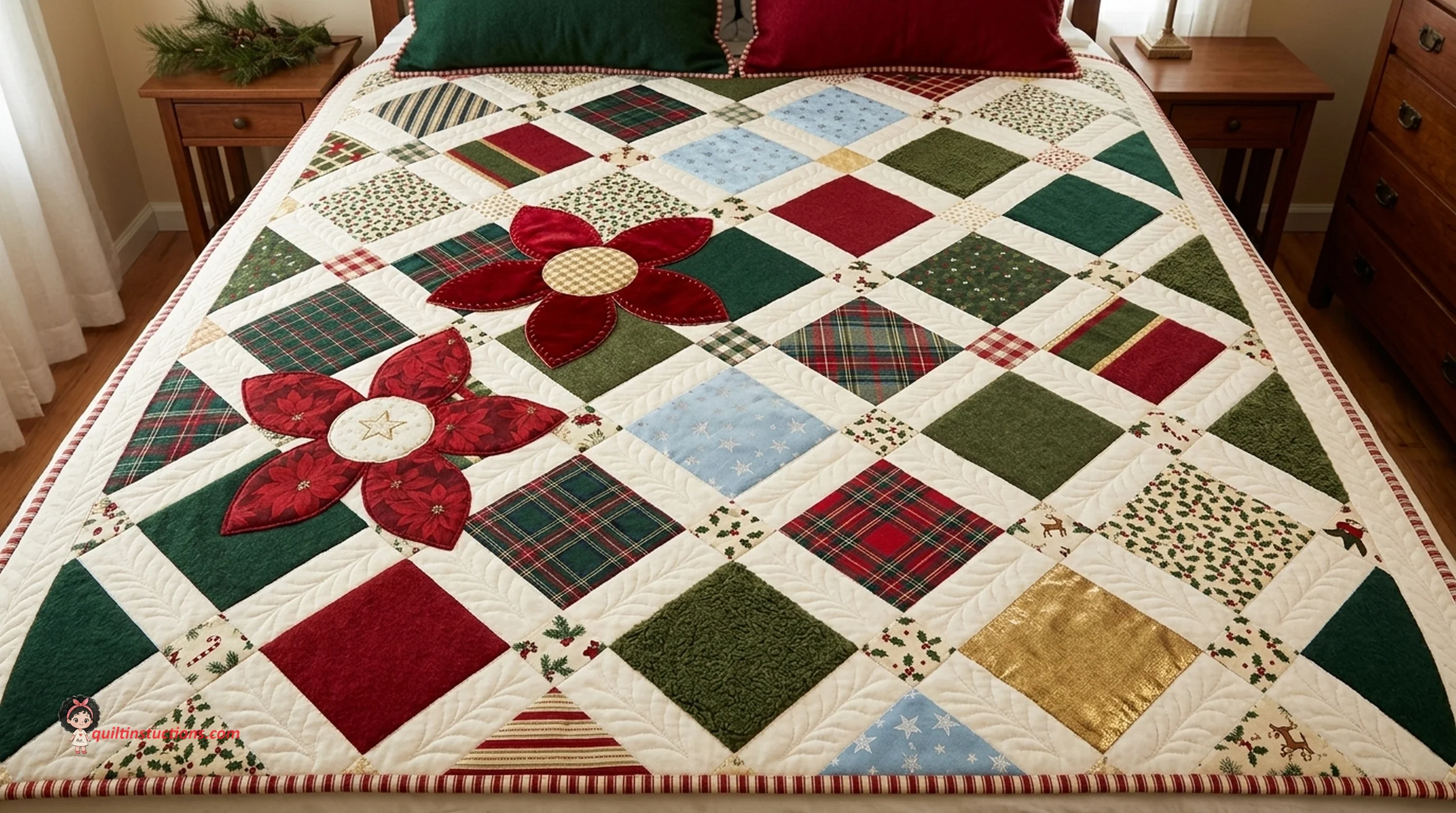 Crazy Christmas Quilt styled on a holiday table Crazy Christmas Quilt styled on a holiday table