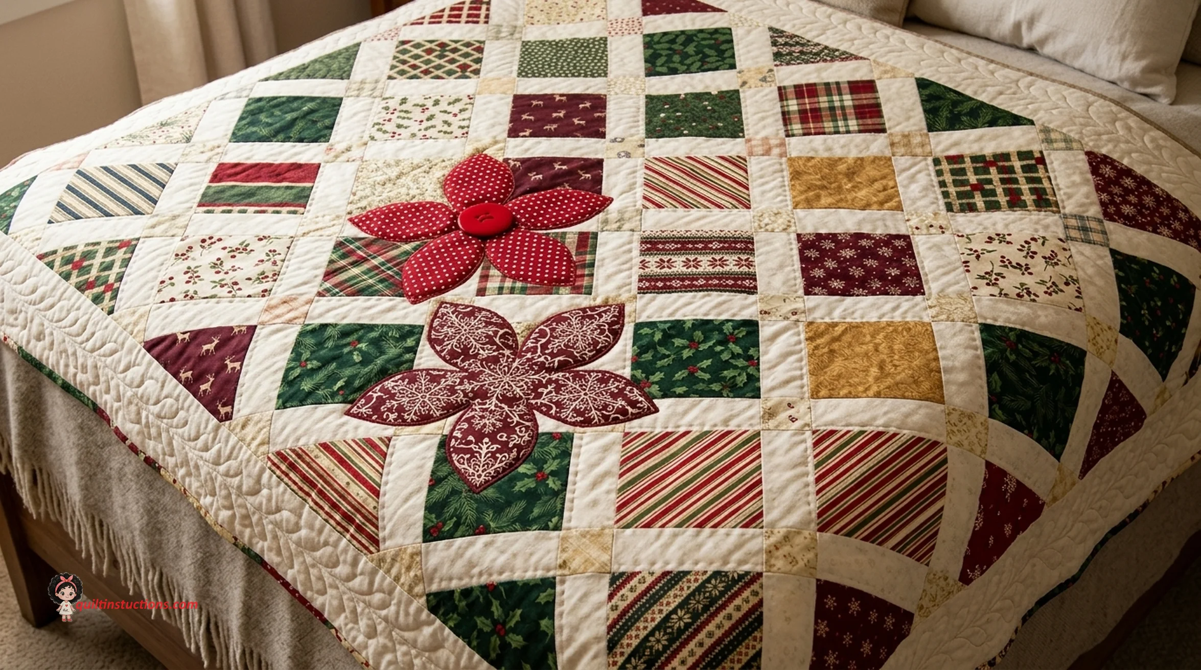 Full view of the Crazy Christmas Quilt table runner showing vibrant holiday colors Full view of the Crazy Christmas Quilt table runner showing vibrant holiday colors