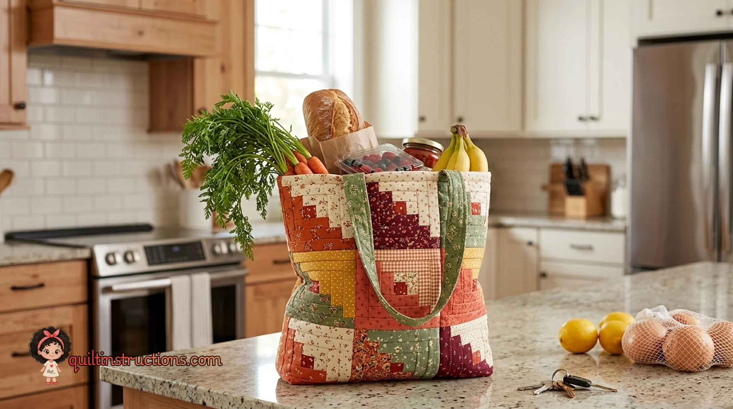 Assembled Mini Log Cabin Bag displaying handles and side perspective Assembled Mini Log Cabin Bag displaying handles and side perspective