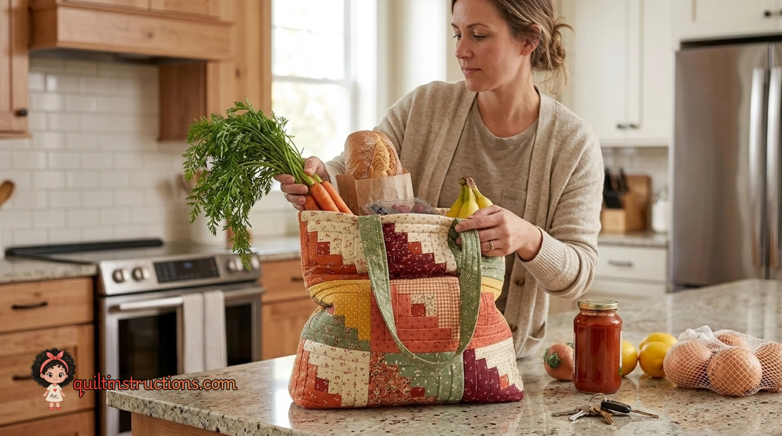 Mini Log Cabin Bag exterior showing detailed patchwork construction Mini Log Cabin Bag exterior showing detailed patchwork construction