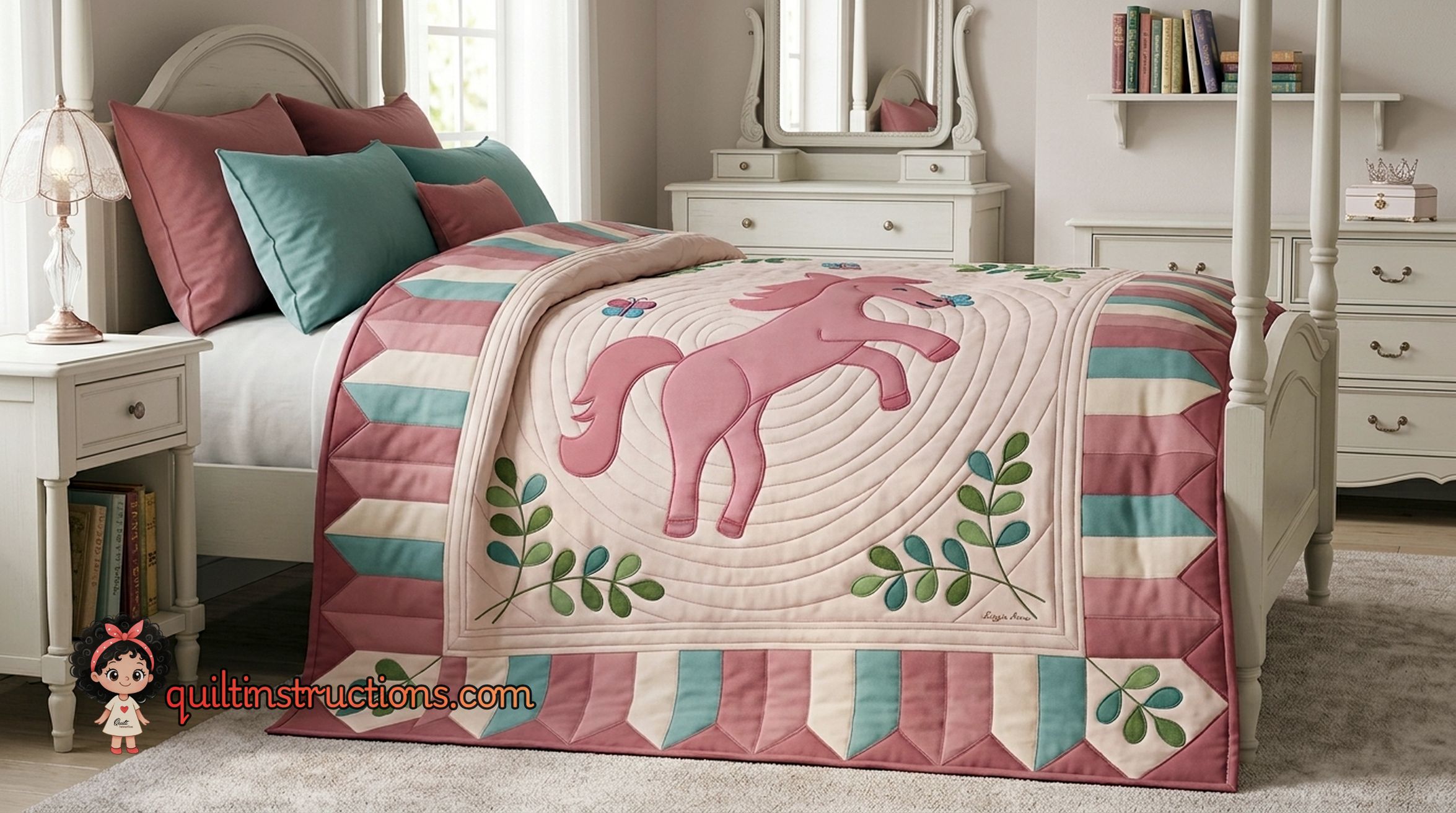 Pink Pony Quilt by Marinda Stewart featuring a central panel and floral borders