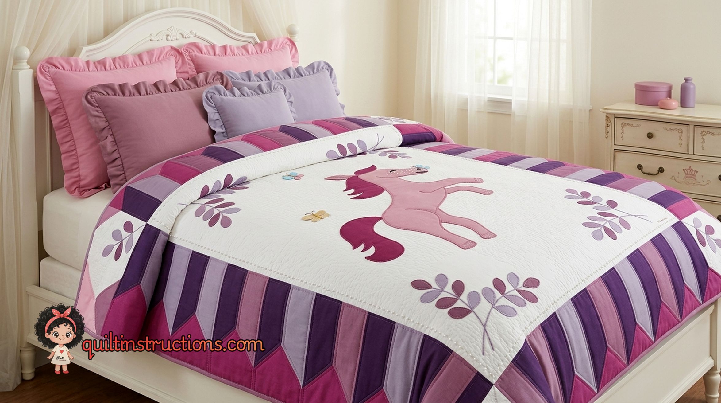 Pink Pony Quilt draped on a chair showing the full design Pink Pony Quilt draped on a chair showing the full design