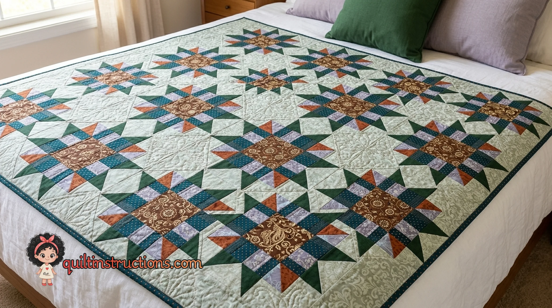 Full view of a finished Boston Star quilt draped over a chair Full view of a finished Boston Star quilt draped over a chair
