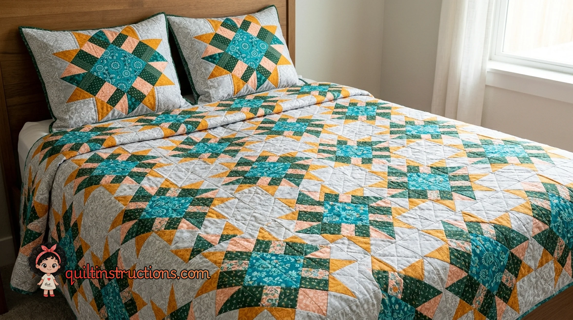 A beautifully pieced Boston Star quilt block showing intricate detail
