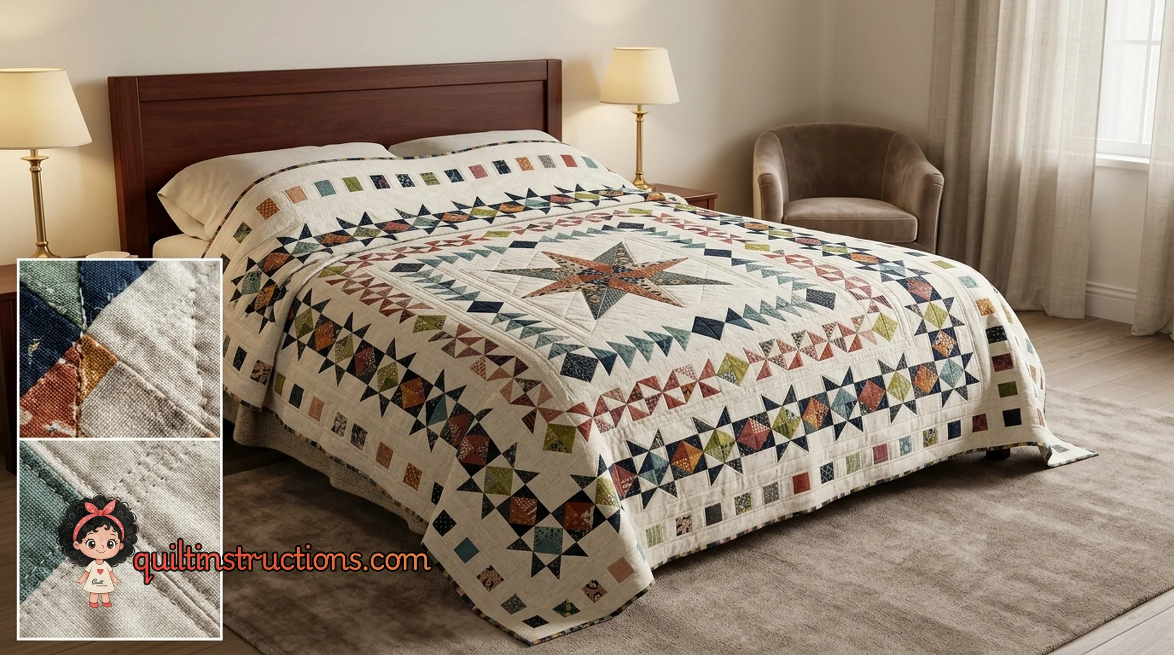 A colorful medallion quilt with multiple borders A colorful medallion quilt with multiple borders