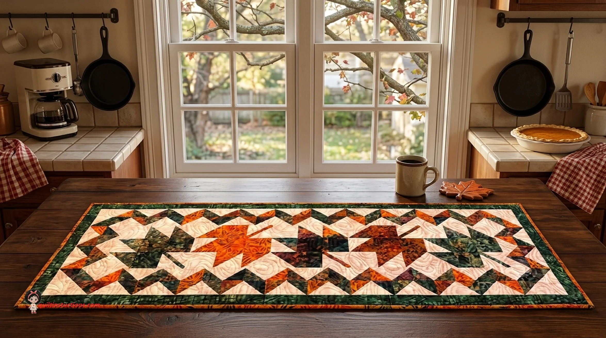 Three maple leaf quilt blocks arranged to show the progression of the table runner Three maple leaf quilt blocks arranged to show the progression of the table runner