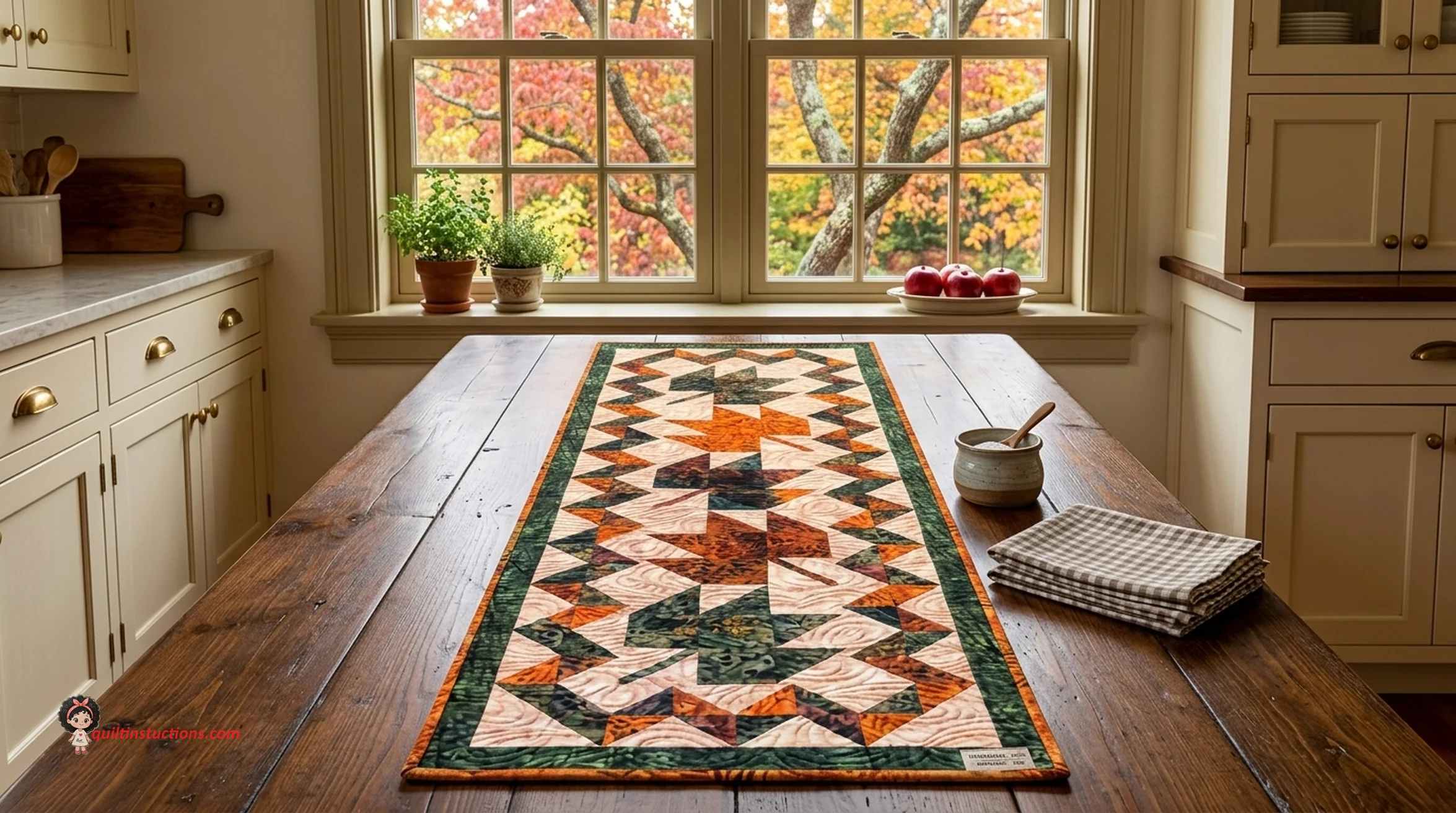 Detailed view of a handmade maple leaf quilt block in warm autumn tones Detailed view of a handmade maple leaf quilt block in warm autumn tones