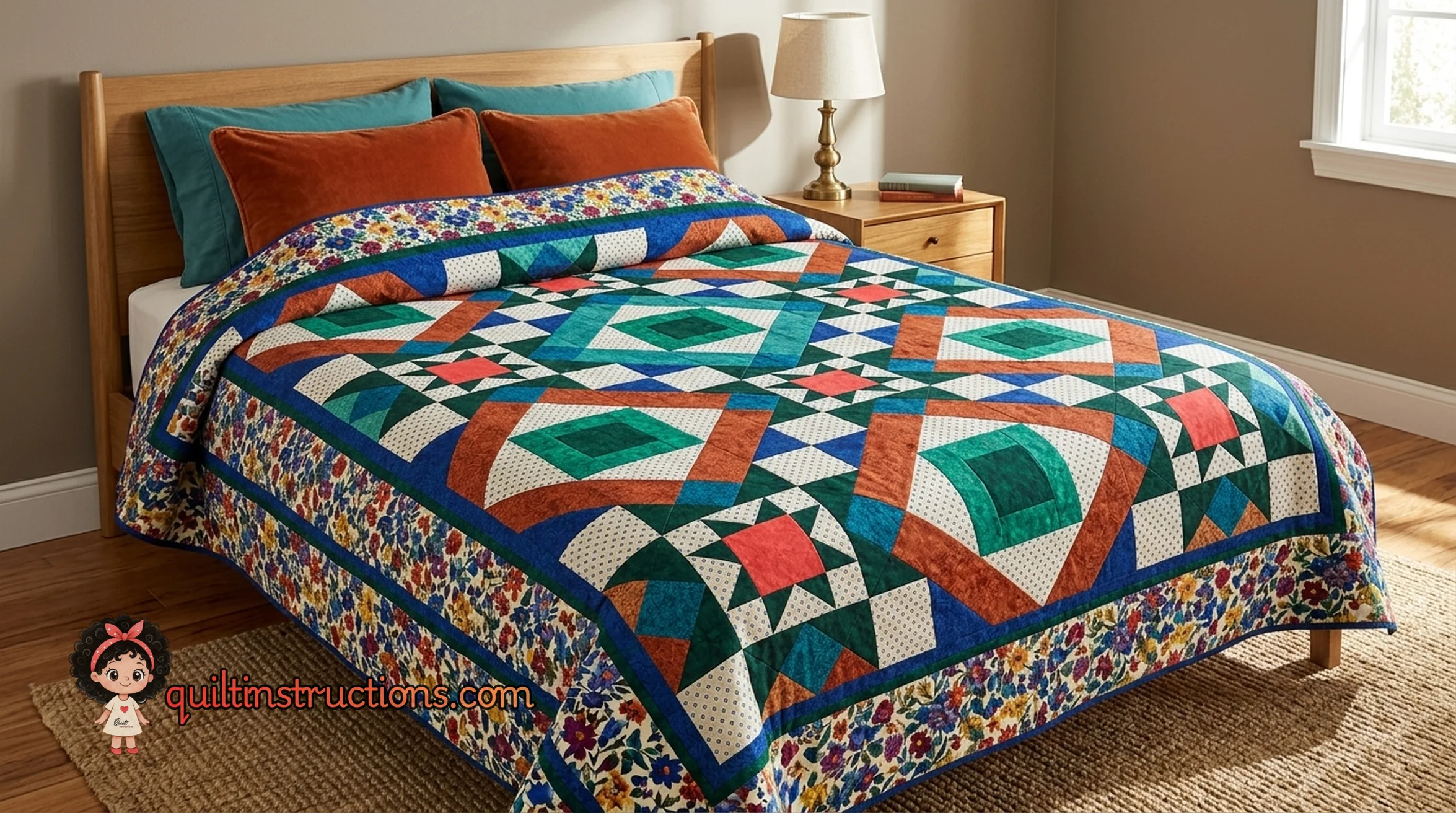 Summer Bliss Quilt showing vibrant floral prints and geometric layout Summer Bliss Quilt showing vibrant floral prints and geometric layout