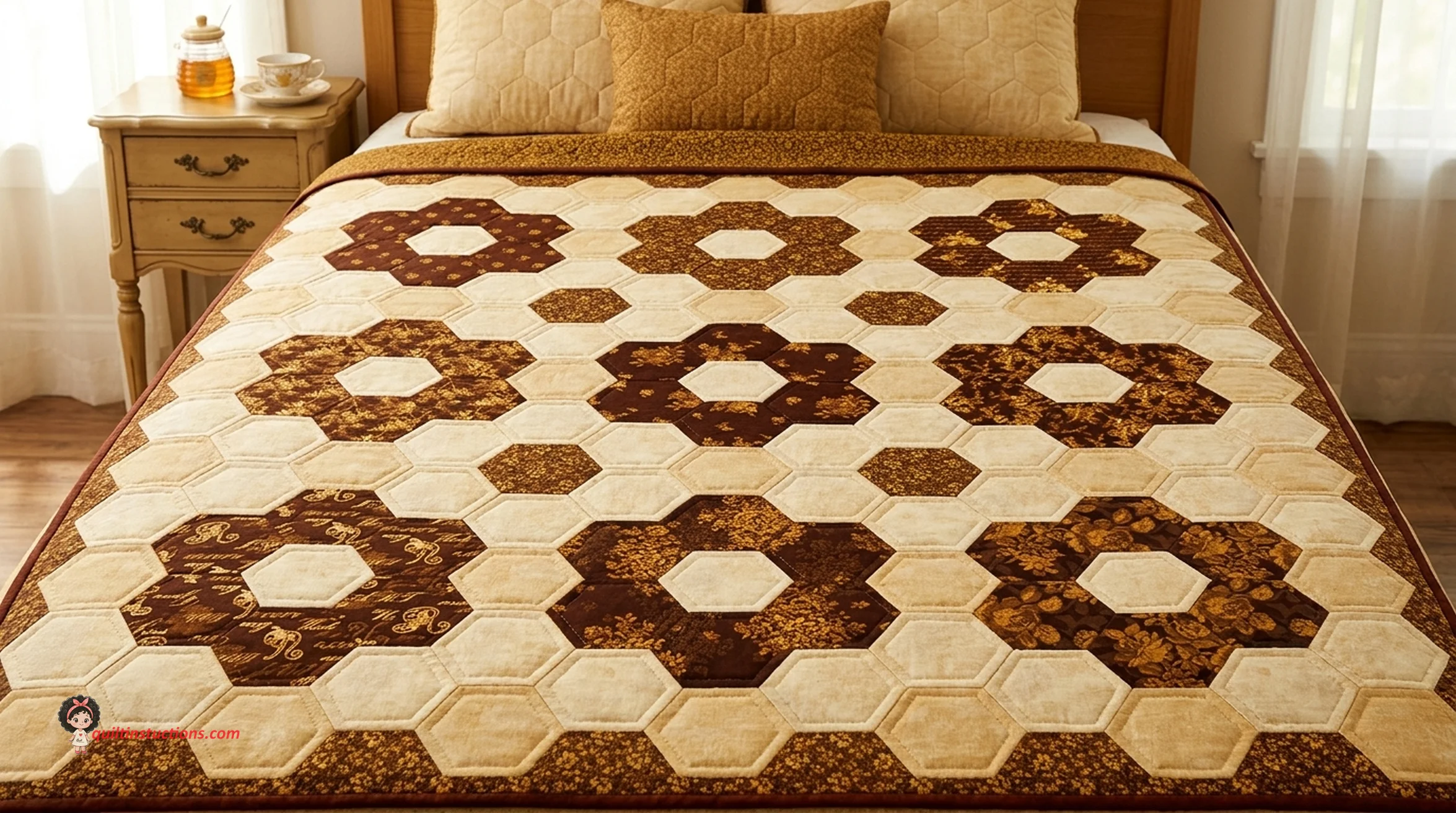 Close up of a Hexagon Flower Quilt with soft floral tones Close up of a Hexagon Flower Quilt with soft floral tones