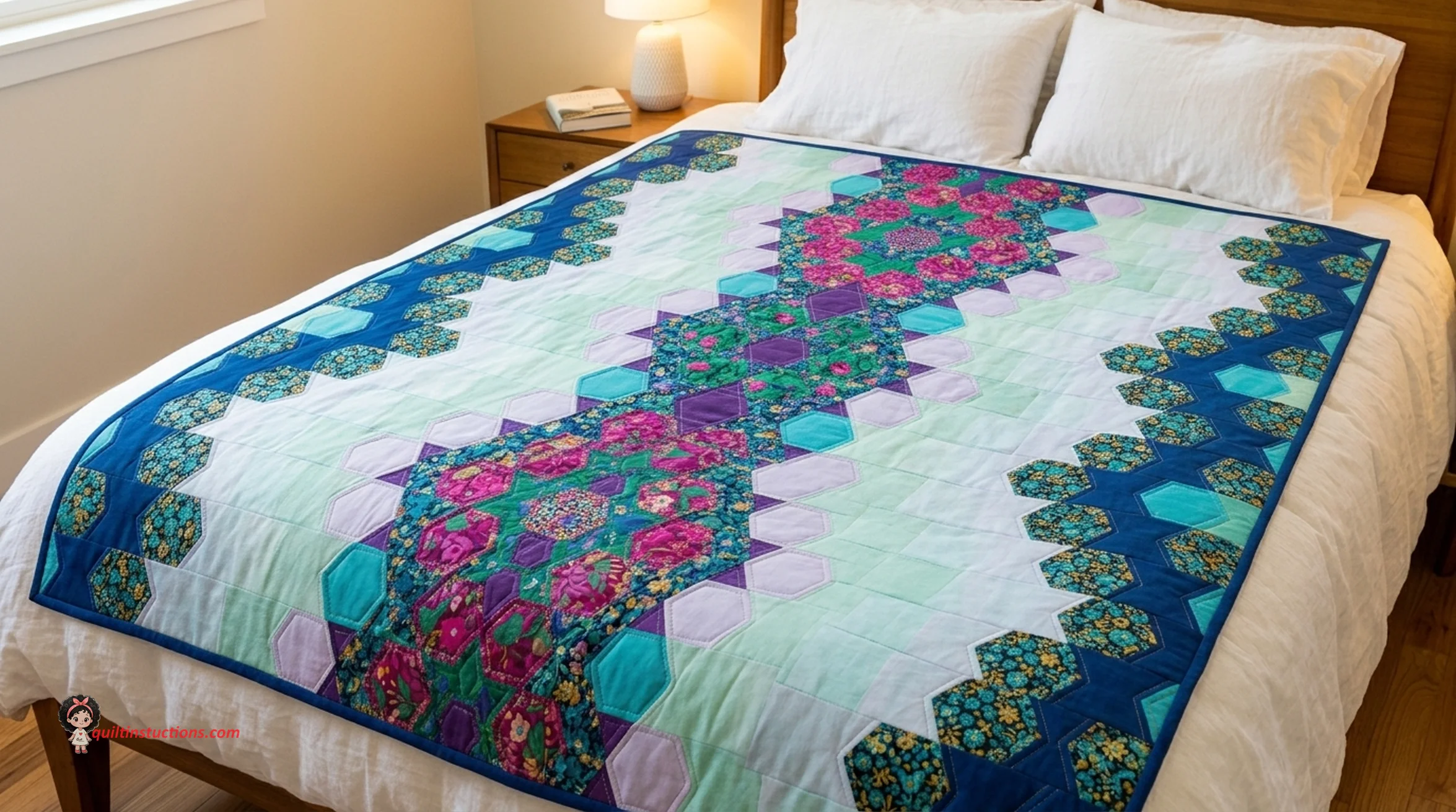 Sundown Quilt displayed in a modern home setting Sundown Quilt displayed in a modern home setting
