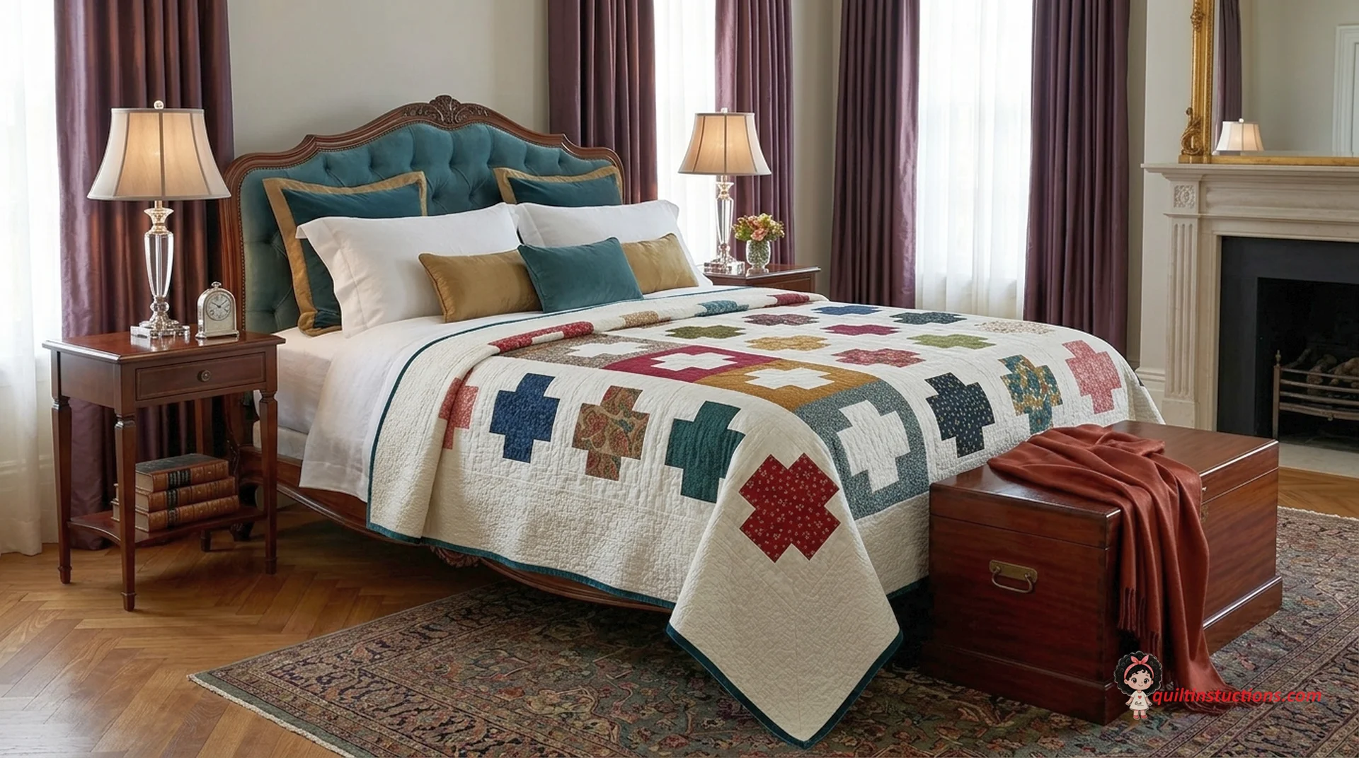 Chelsea Garden Crosses Quilt Pattern: Free Moda Design 3 Chelsea Garden Quilt styled on a bed