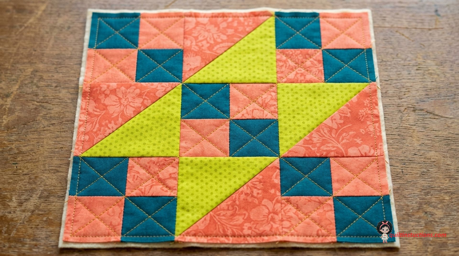 Close up of a finished California Quilt Block with vibrant colors