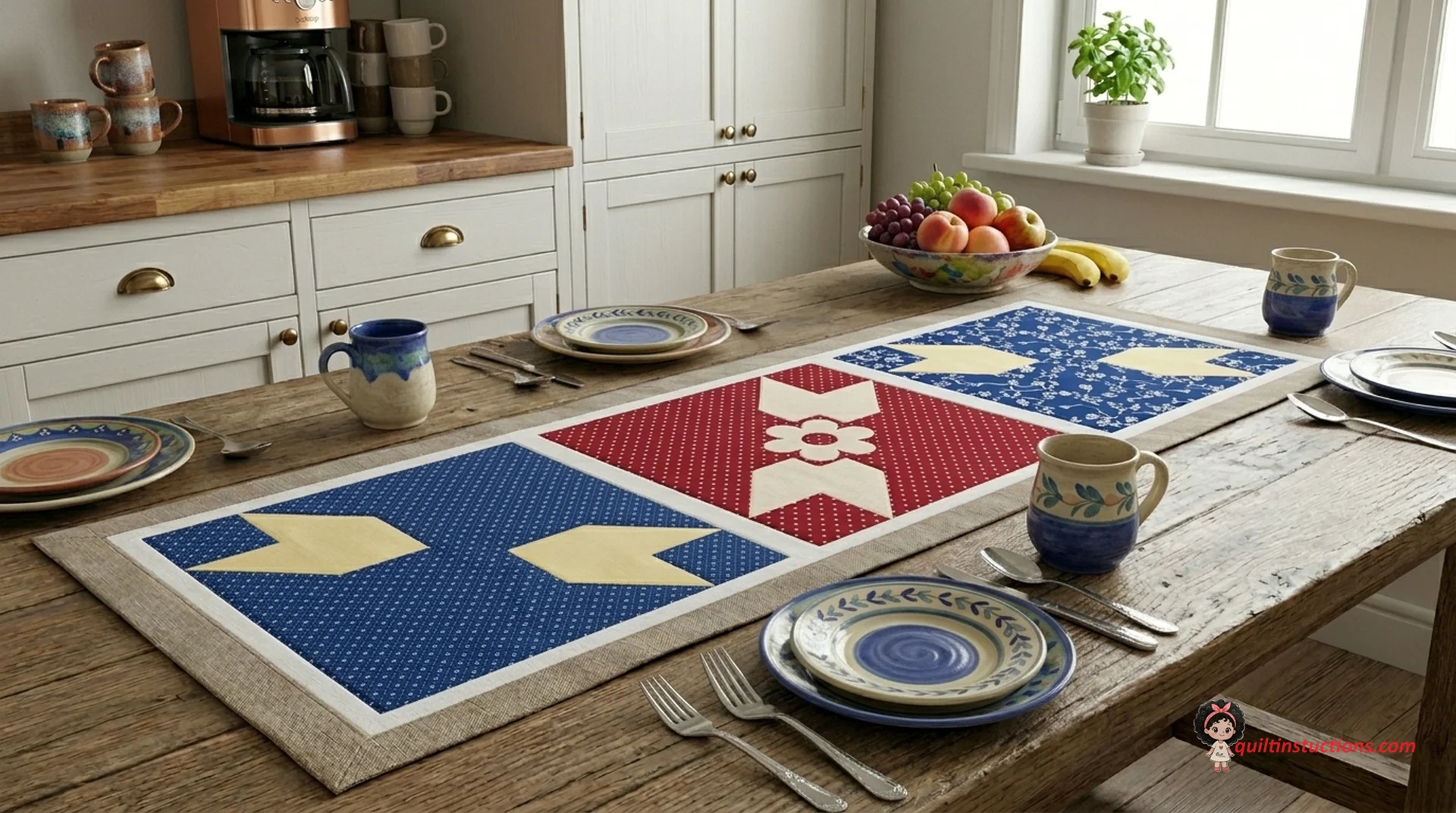 Checkmate blocks arranged as a table runner in earth tones Checkmate blocks arranged as a table runner in earth tones