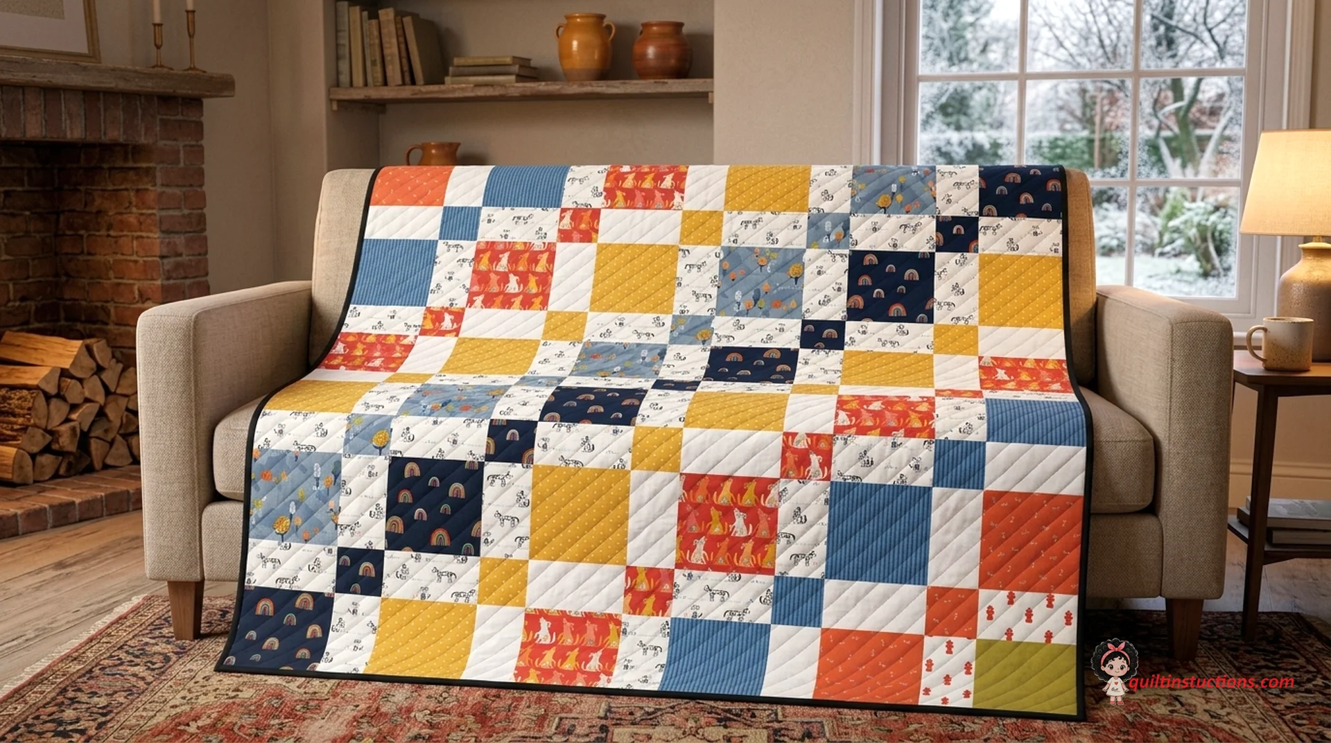 Traditional Doggo Quilt with warm fabric tones Traditional Doggo Quilt with warm fabric tones