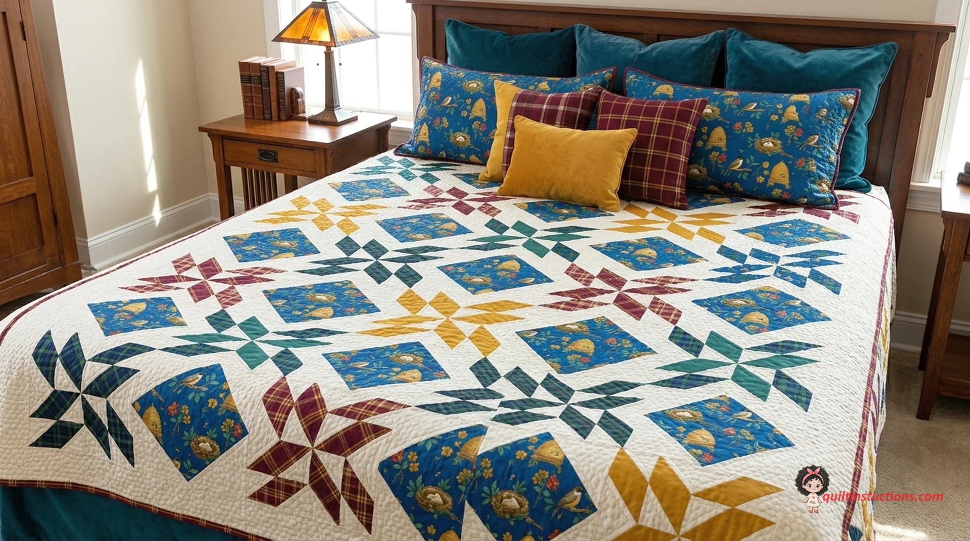Floral pinwheel quilt as a bedspread Floral pinwheel quilt as a bedspread