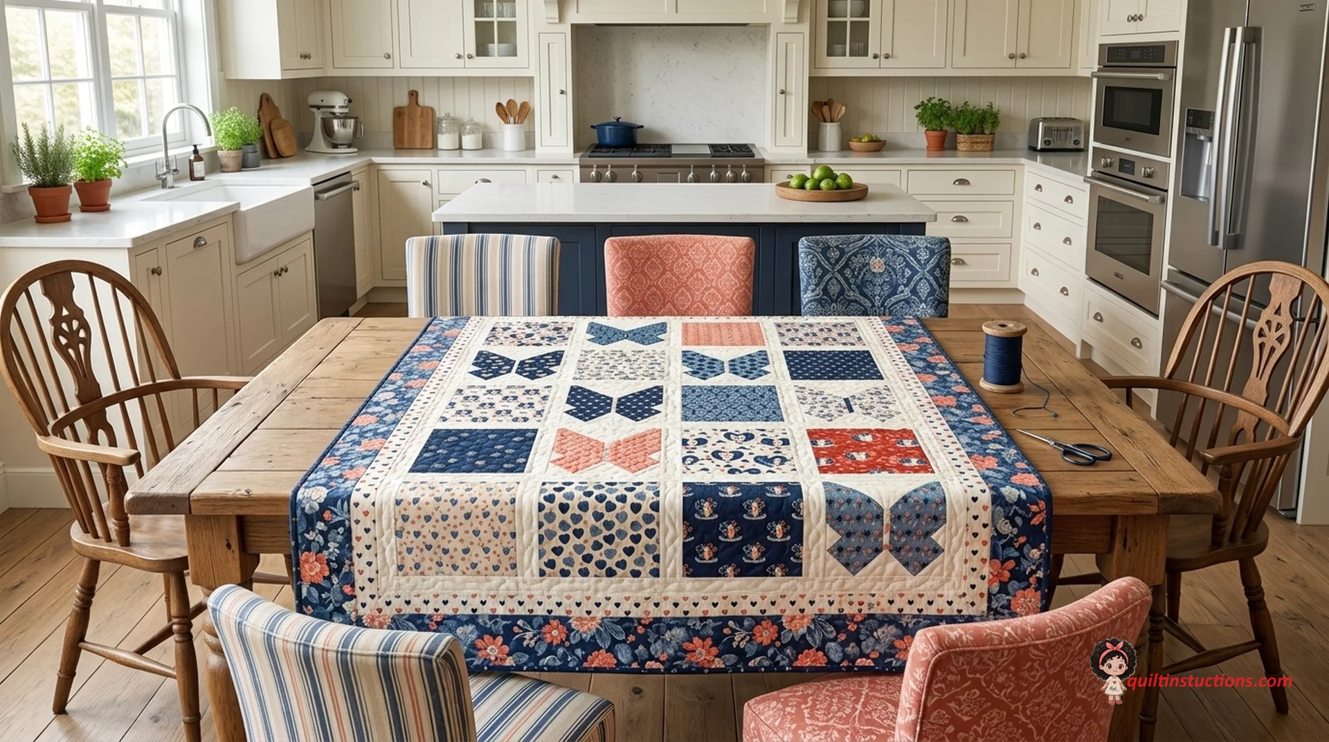 Completed Hearts Aflutter quilt in a cozy bedroom setting Completed Hearts Aflutter quilt in a cozy bedroom setting