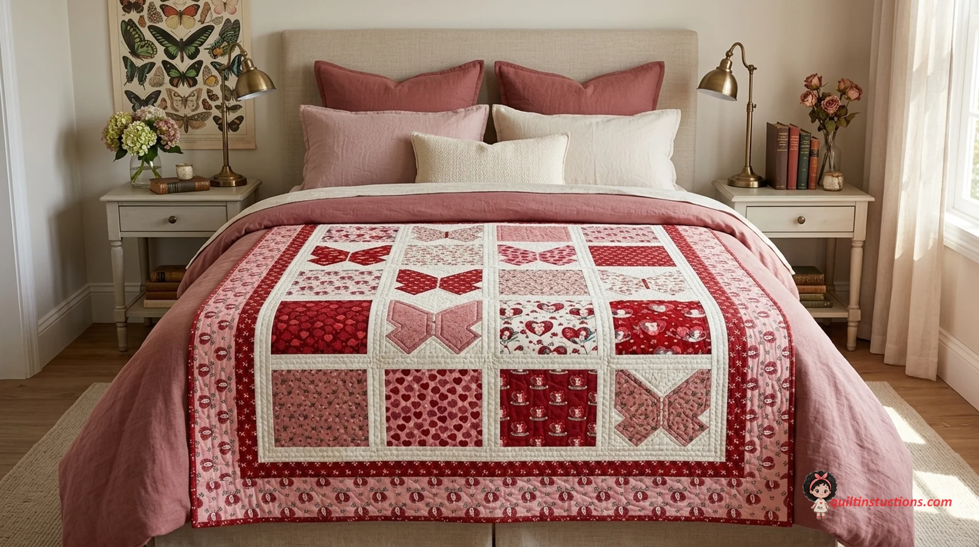 Close up of heart quilt blocks with floral patterns Close up of heart quilt blocks with floral patterns