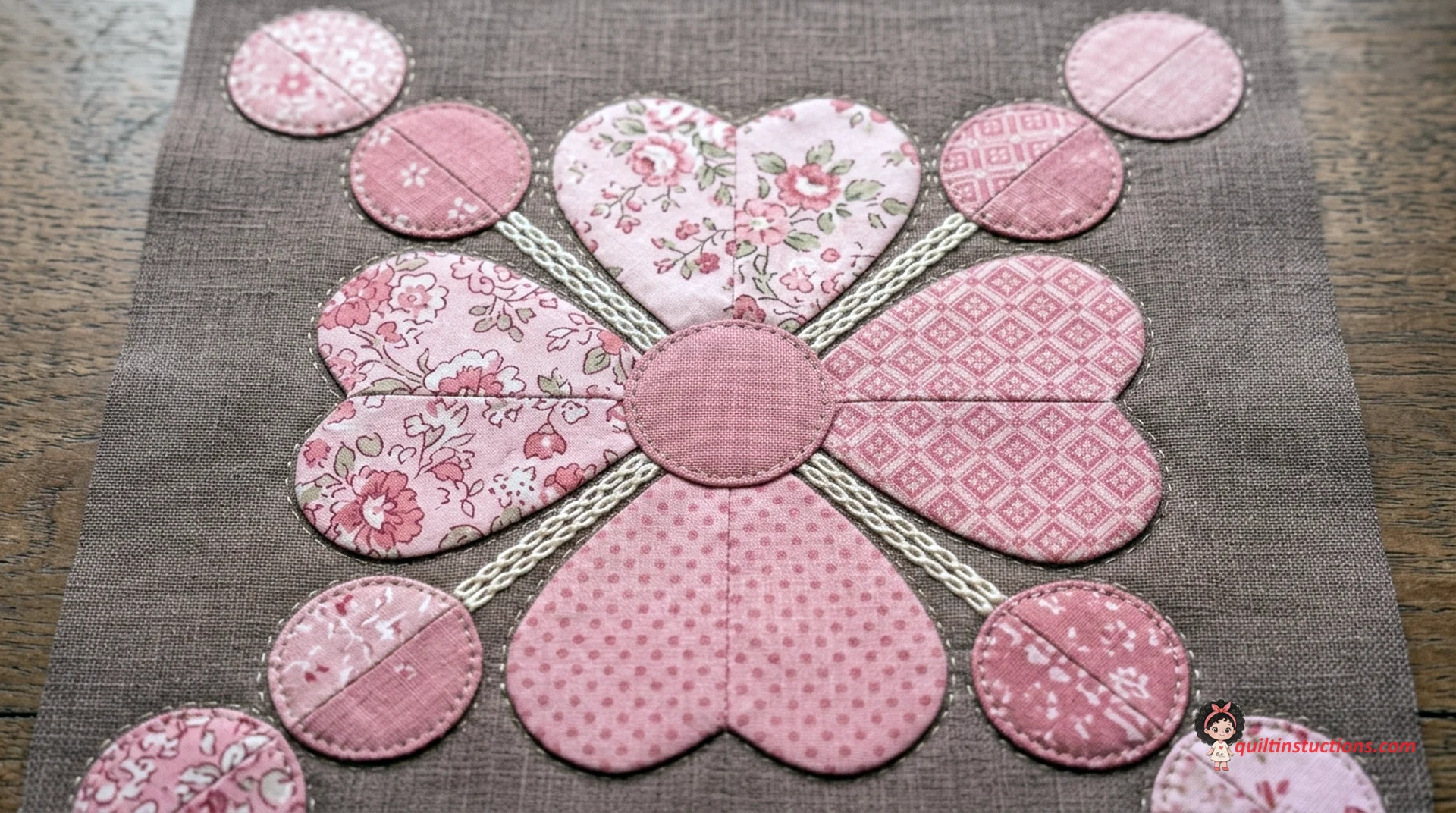 Completed heart quilt hanging on a wall Completed heart quilt hanging on a wall