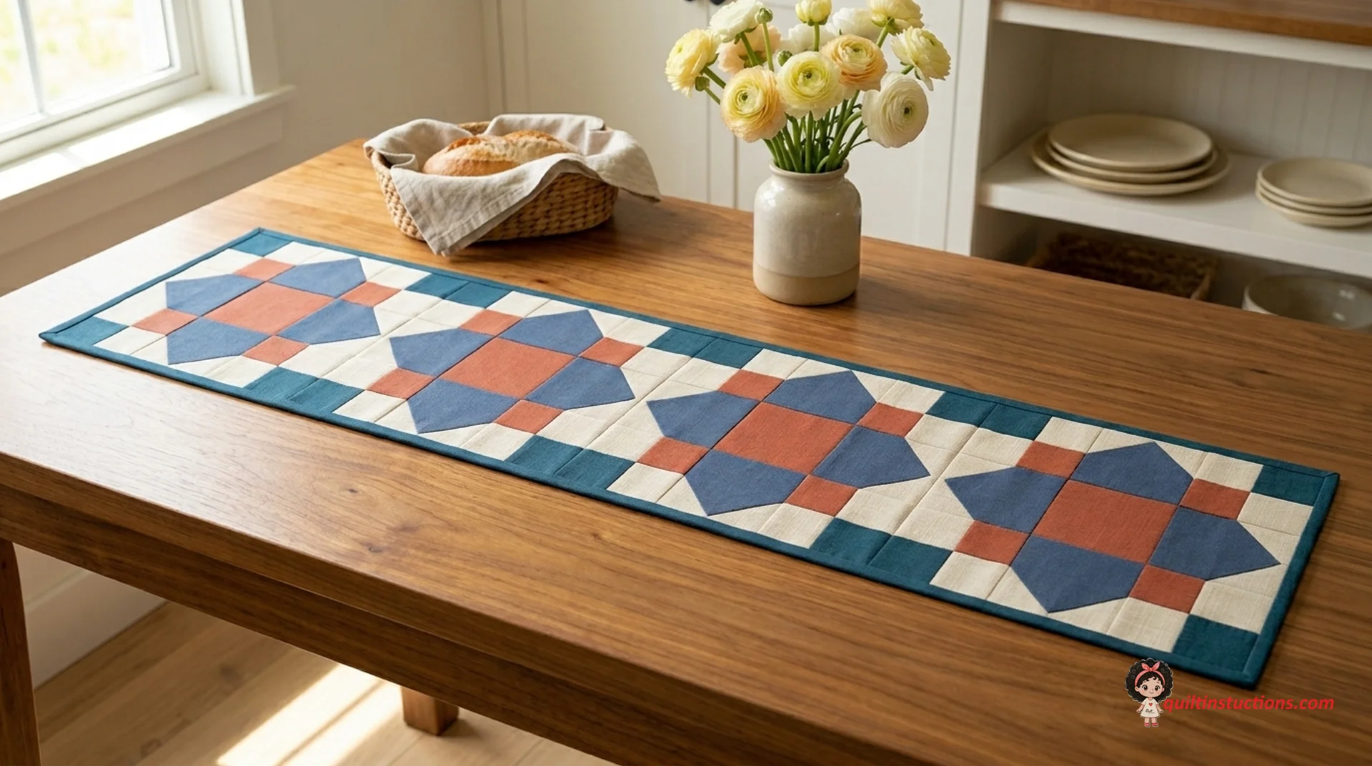 Assembled Quatrefoils quilt block in blue and white