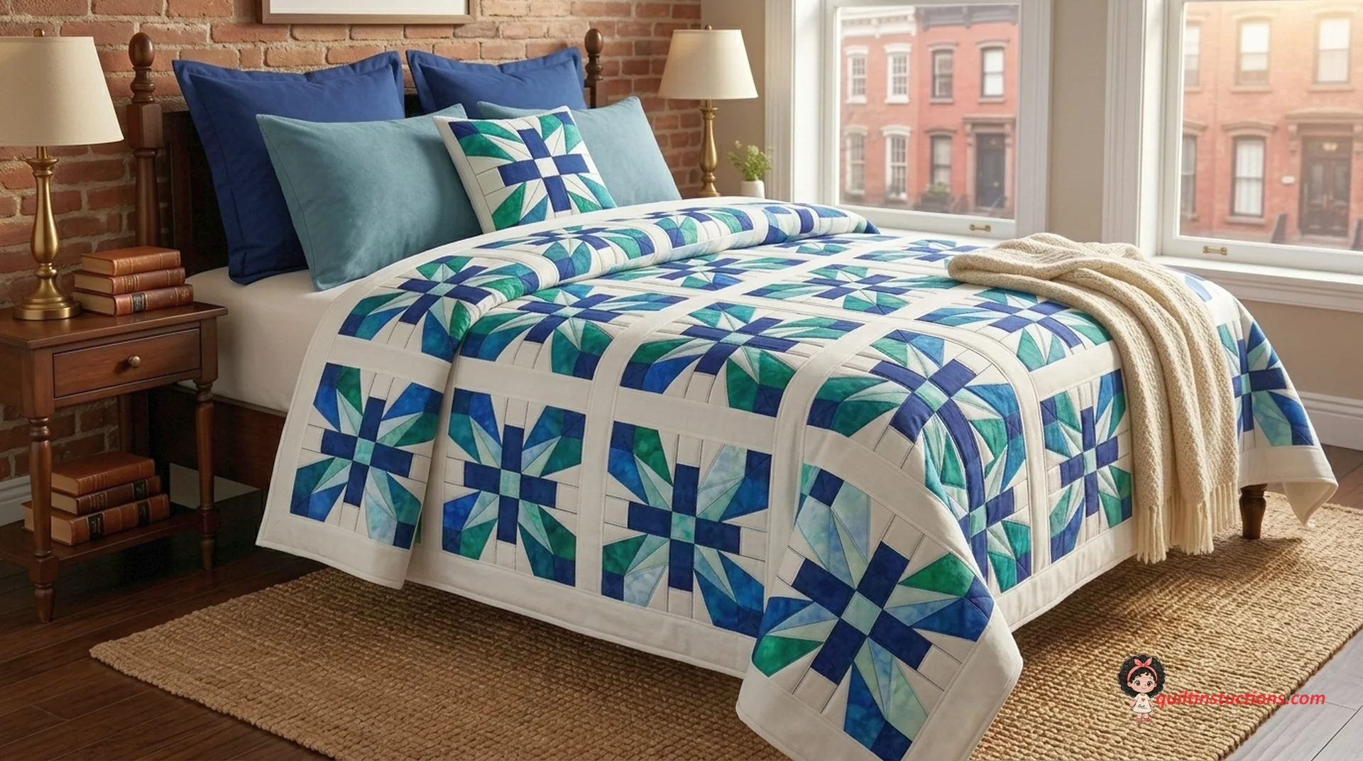 Schoenrock Cross quilt block in blue and white Schoenrock Cross quilt block in blue and white