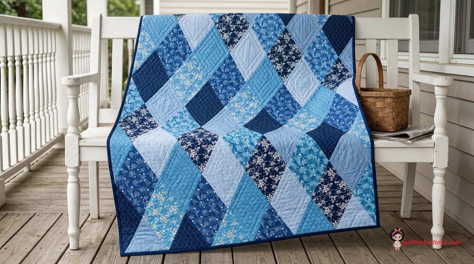 Diamond Daze Quilt draped over a bed with soft floral and geometric patterns Diamond Daze Quilt draped over a bed with soft floral and geometric patterns
