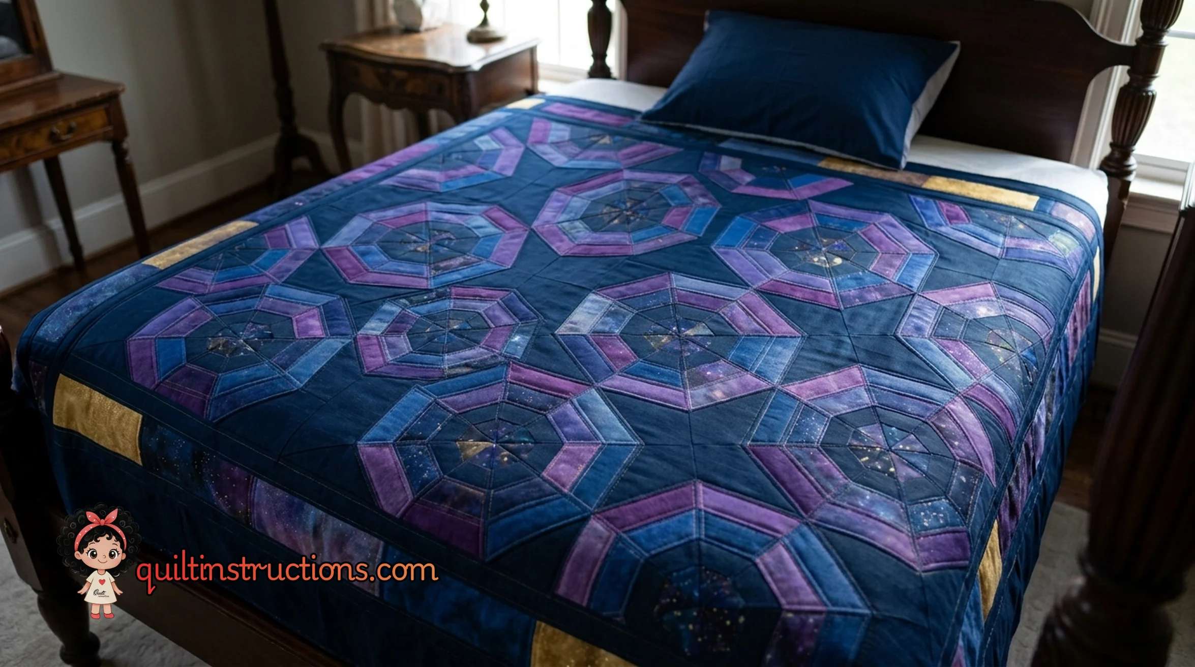 Full view of a colorful Easy Spider Web Quilt featuring various scrap fabrics Full view of a colorful Easy Spider Web Quilt featuring various scrap fabrics