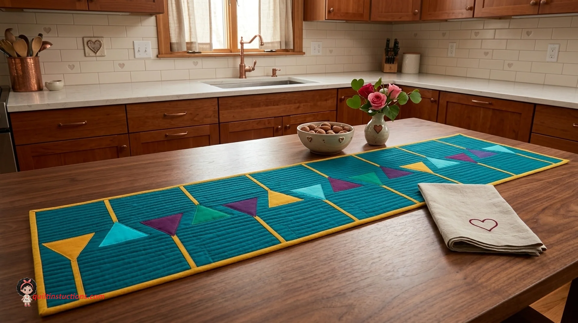 Flowers Table Runner Vibrant blue and yellow floral table runner on a wooden surface