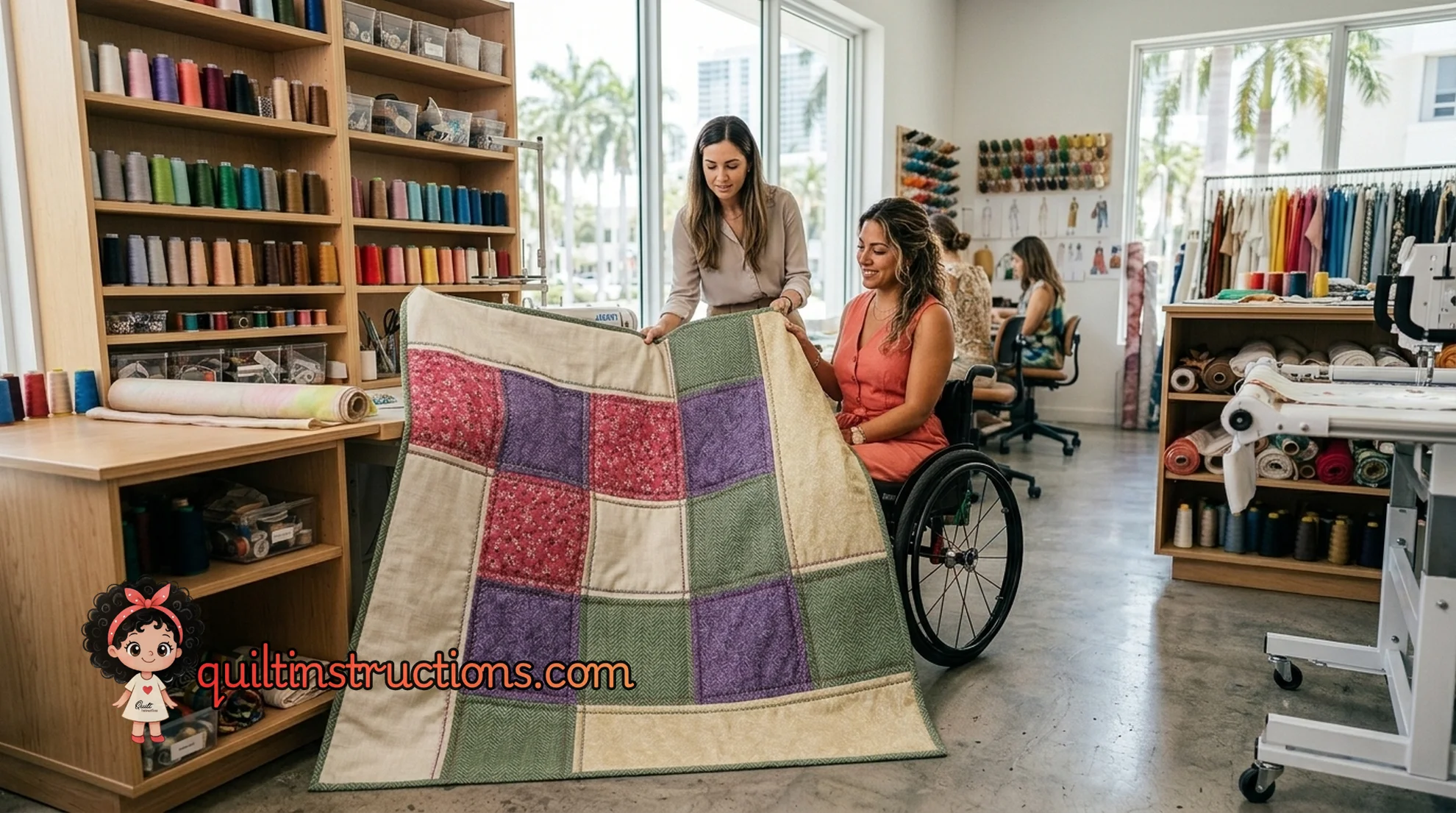 Kristine and Penelope showing their quilting progress Kristine and Penelope showing their quilting progress