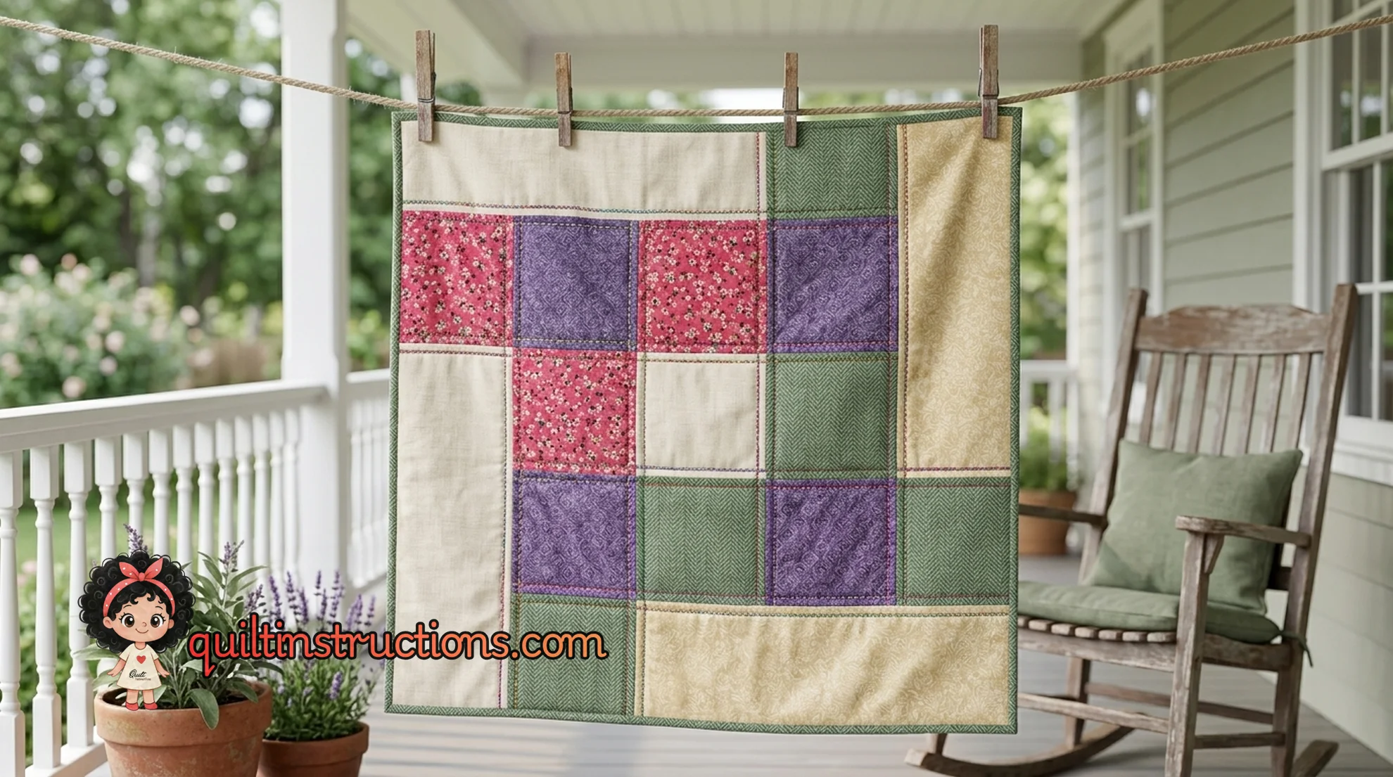 The finished Flying Squares quilt hanging on a clothesline outdoors The finished Flying Squares quilt hanging on a clothesline outdoors