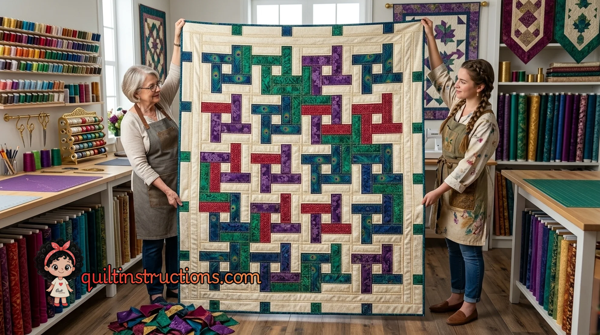 Marry and Susy smiling while holding their Flying Squares quilt block
