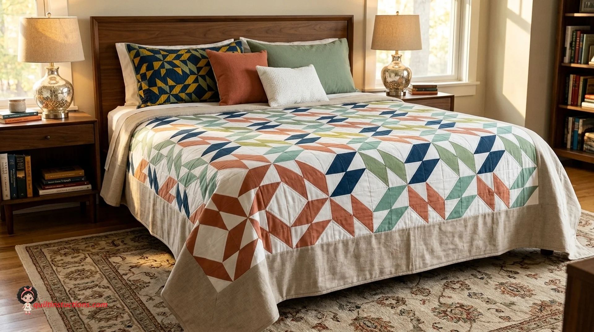 Modern interpretation of the Mosaic quilt block in teal and white Modern interpretation of the Mosaic quilt block in teal and white