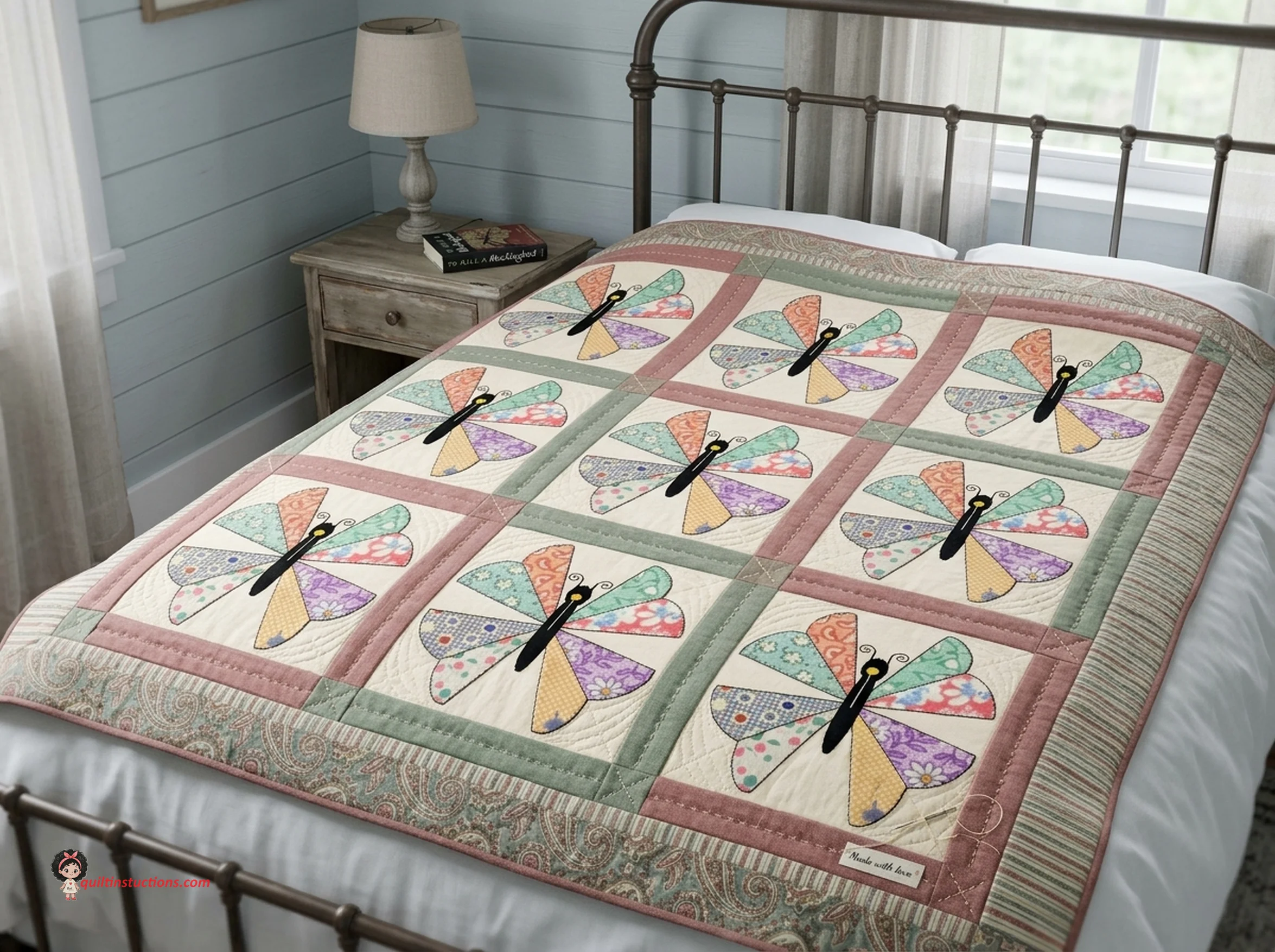 Floral and pink butterfly quilt block Floral and pink butterfly quilt block