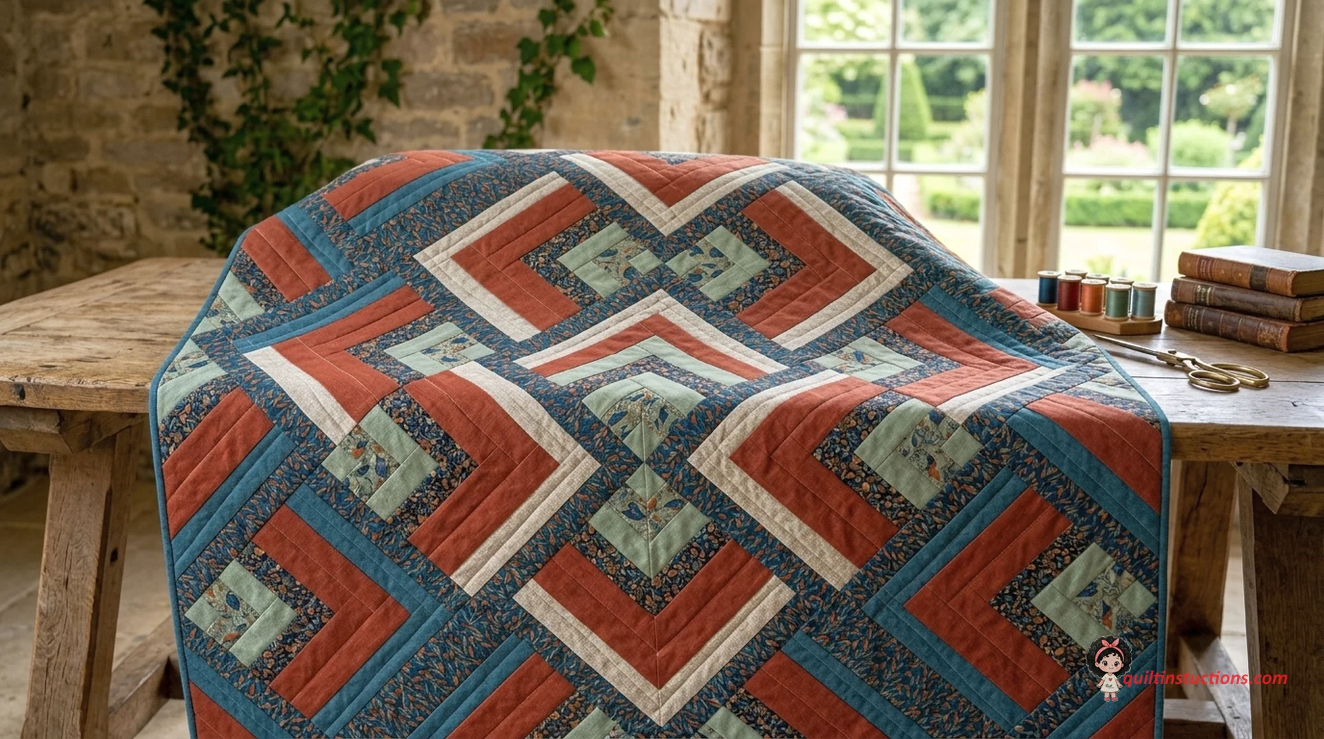Modern quilt design featuring the Peach of Mind layout in a bedroom setting Modern quilt design featuring the Peach of Mind layout in a bedroom setting