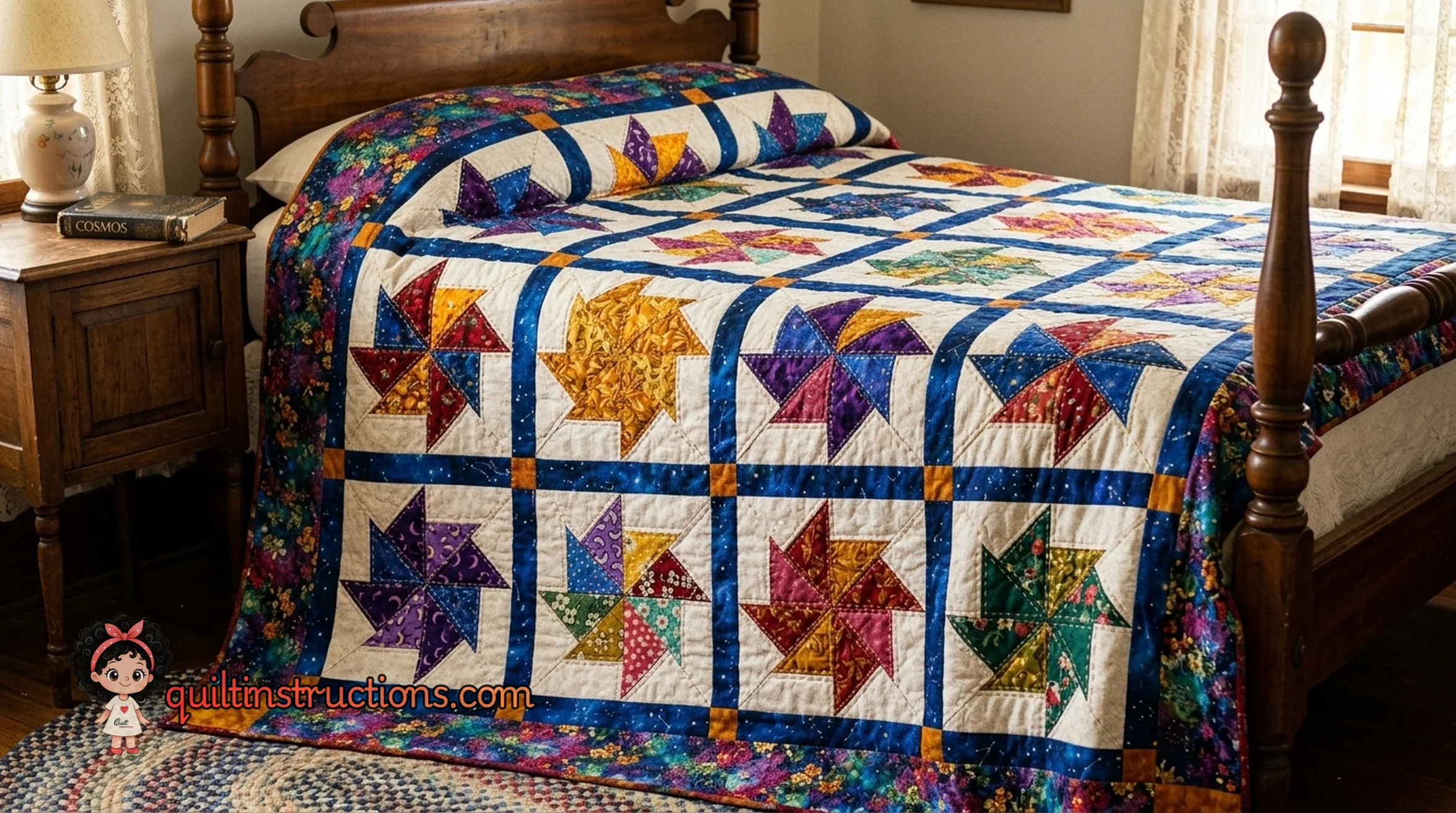 Vibrant blue and white Pinwheel Quilt on a wooden floor Vibrant blue and white Pinwheel Quilt on a wooden floor