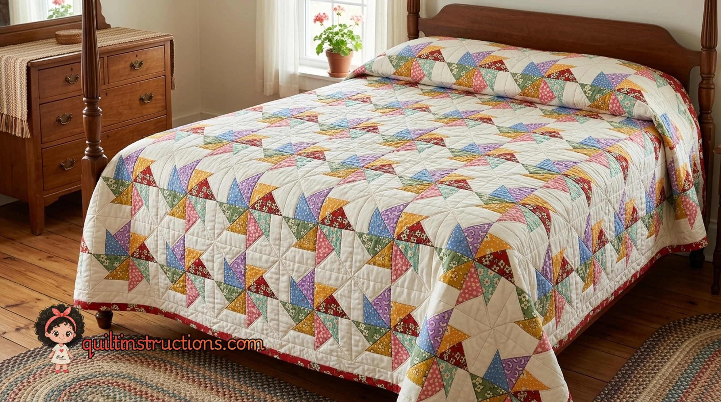 Close up of Pinwheel Quilt blocks with floral and solid fabrics Close up of Pinwheel Quilt blocks with floral and solid fabrics