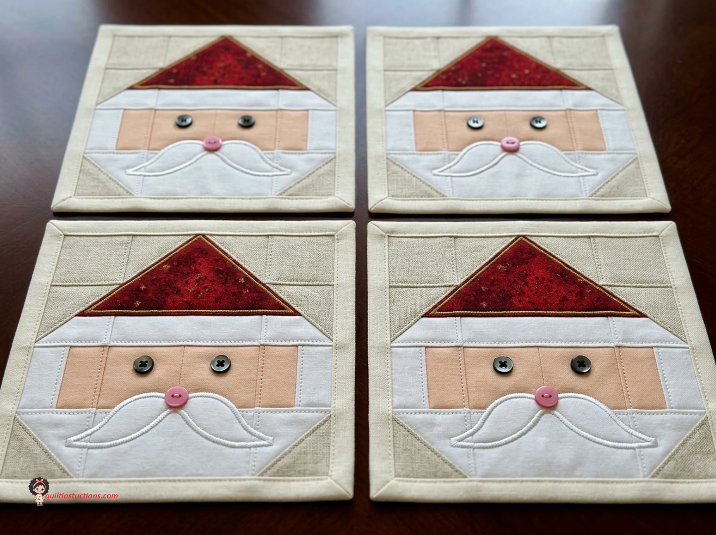 Completed Santa Face quilt block in red, white, and peach