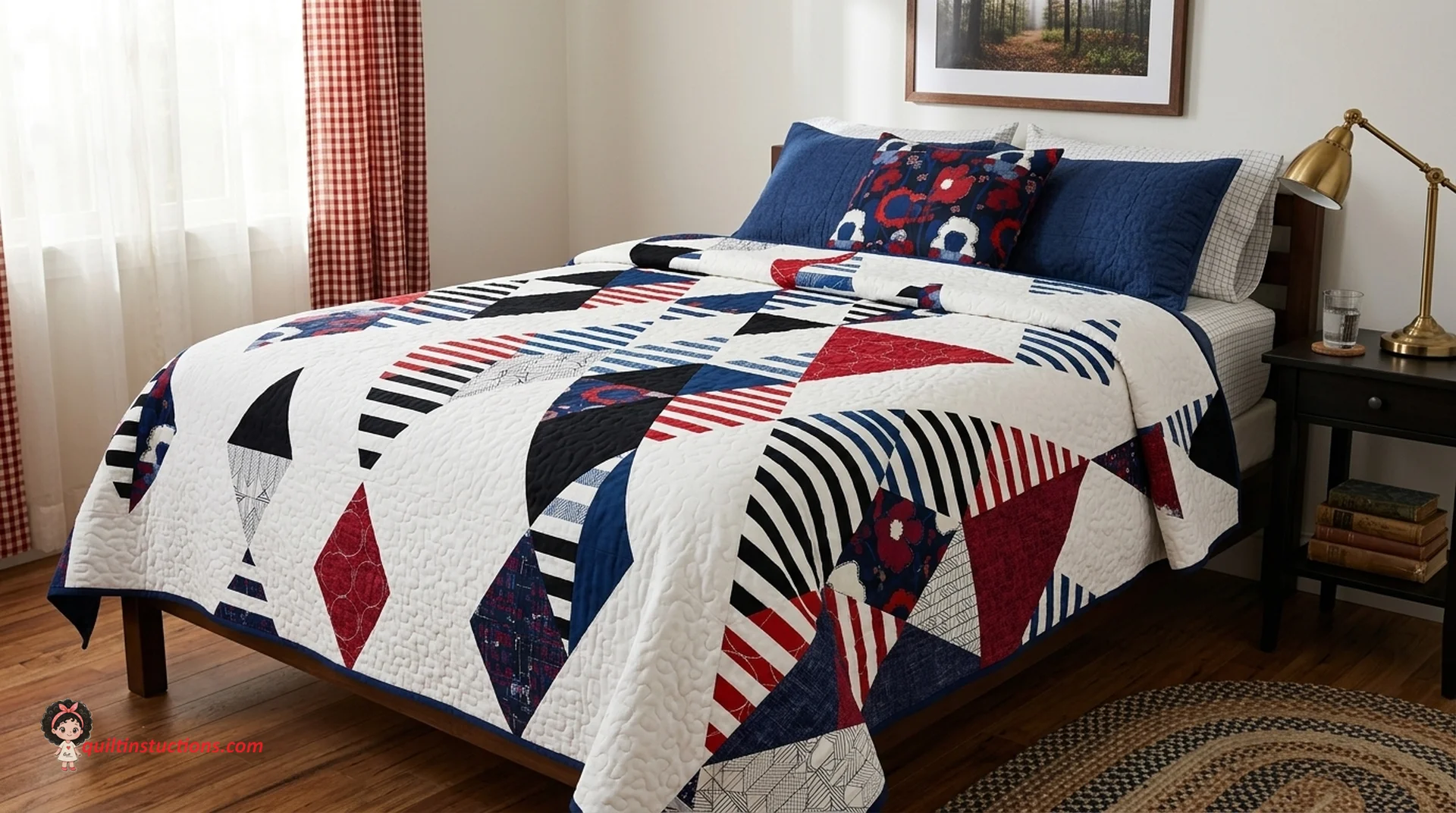 Modern geometric shutters quilt in a bright room Modern geometric shutters quilt in a bright room
